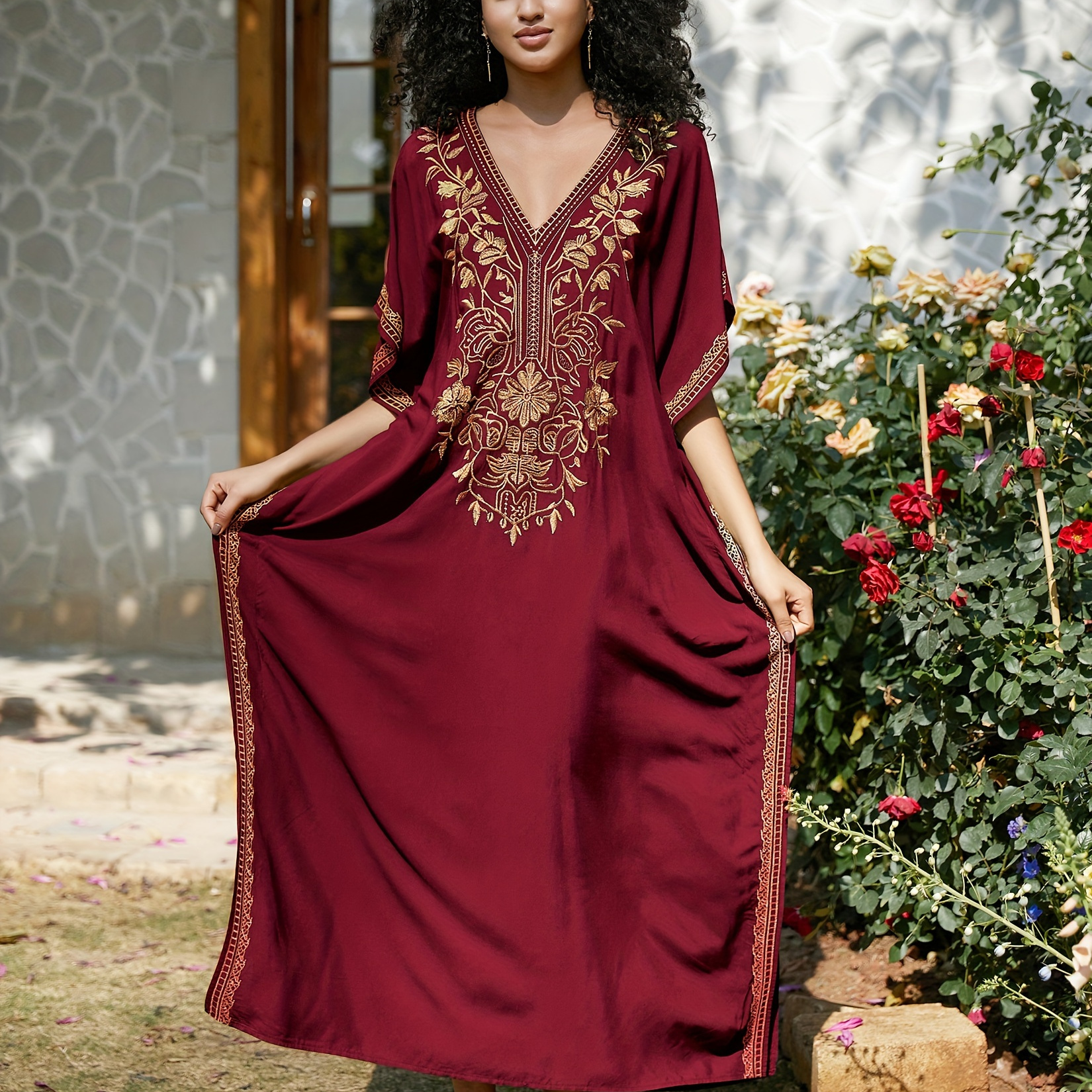 

Plus Size Floral Embroidery Split Dress, Elegant Short Sleeve V Neck Dress For Spring & Summer, Women's Plus Size clothing