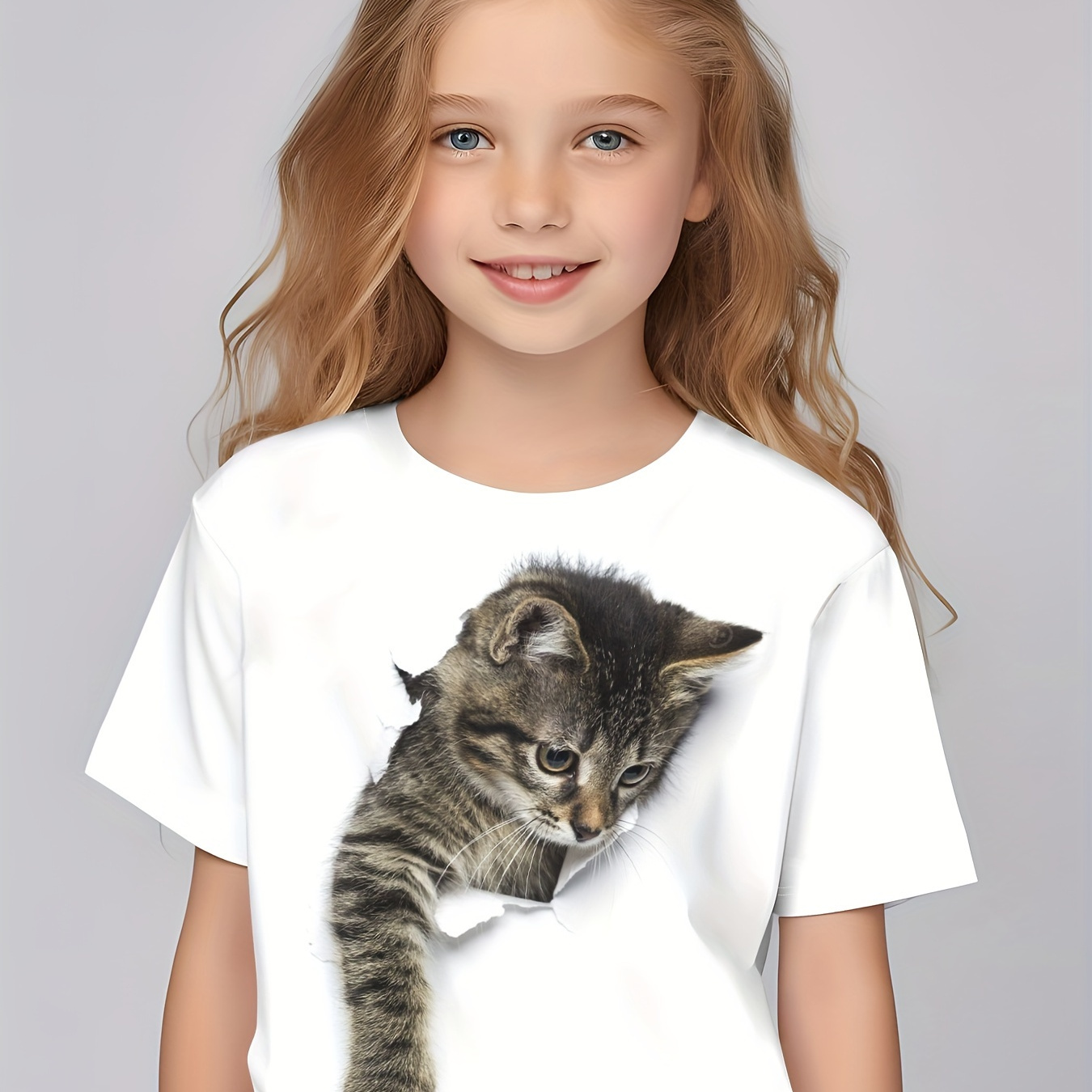 

Breathable 3d Cartoon Cat Print Crew Neck Short Sleeve T-shirt Tops For Girls Summer