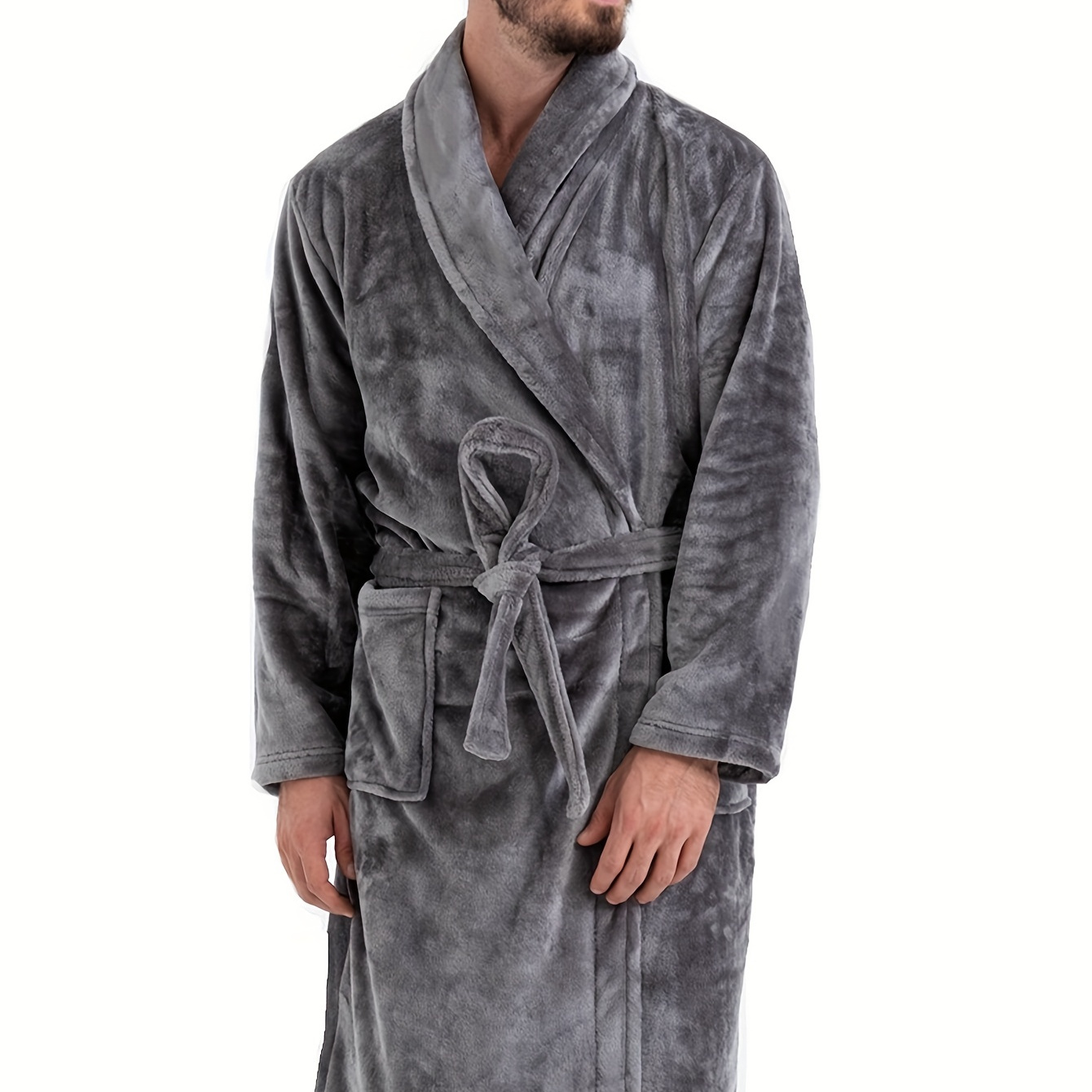 

Men's Flannel Lapel Loose Soft Belt Bathrobe Long Sleeve Thick Thermal Loungewear For Indoor, Uniform Size Of S, M, L, Xl, Xxl