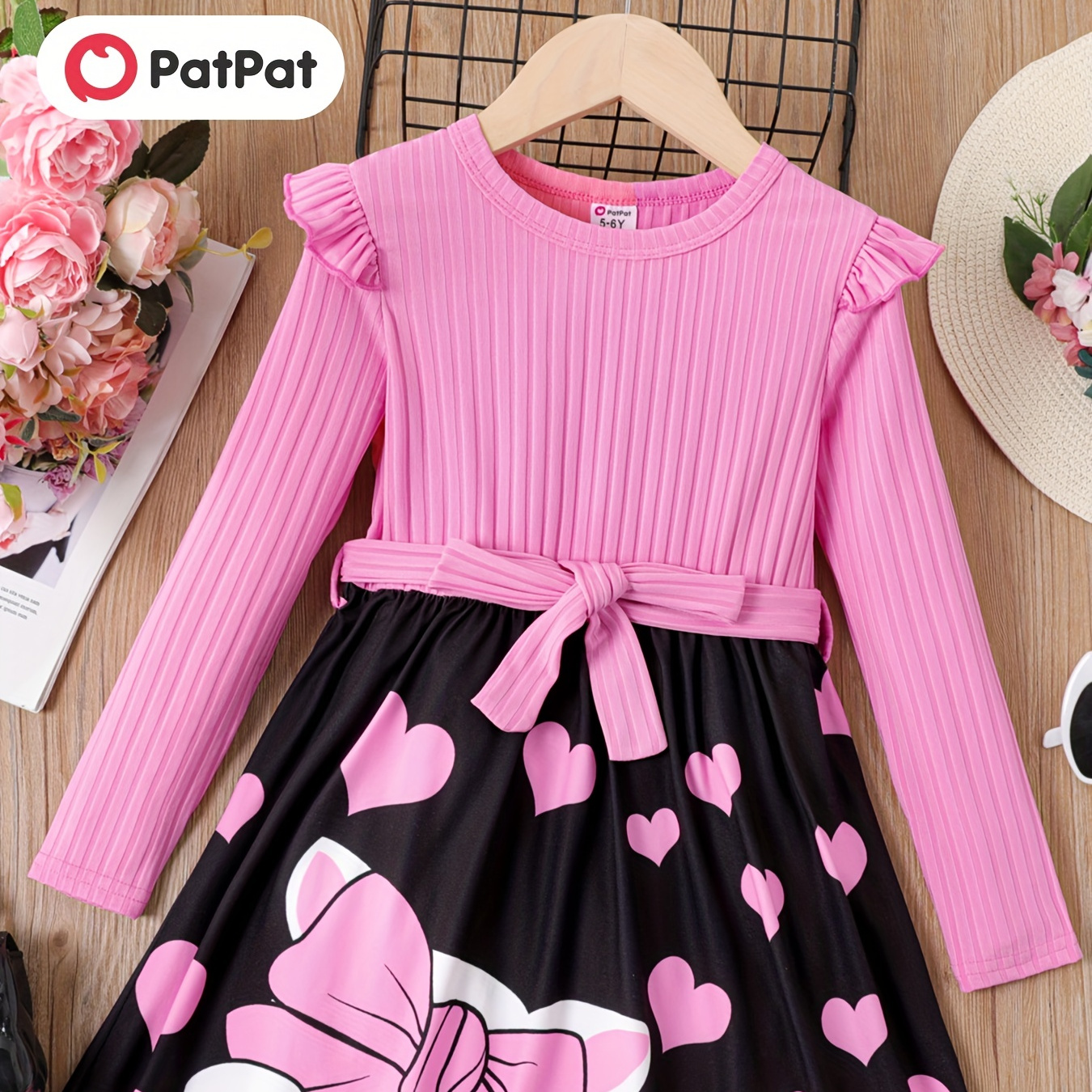 

Patpat Kid Girl Cute Animal Heart Print Rib-knit Panel Belted Round Neck Pleated Hem Long-sleeve Dress For Spring & Autumn/fall