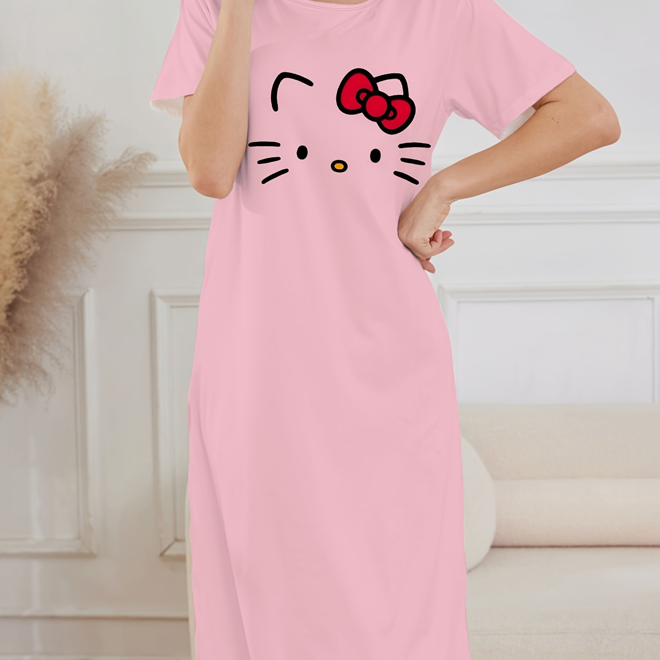 

Sanrio Hellokitty Family Women's Pink Nightgown Print Hellokitty Long Dress Pajamas Spring/summer Short Sleeve