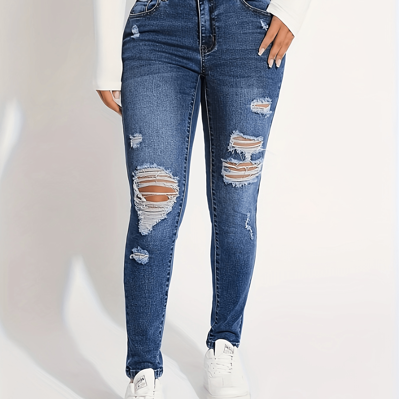 Stretchy Ripped Knee Skinny Jeans, Embossed Crotch Slash Pockets Blue ...