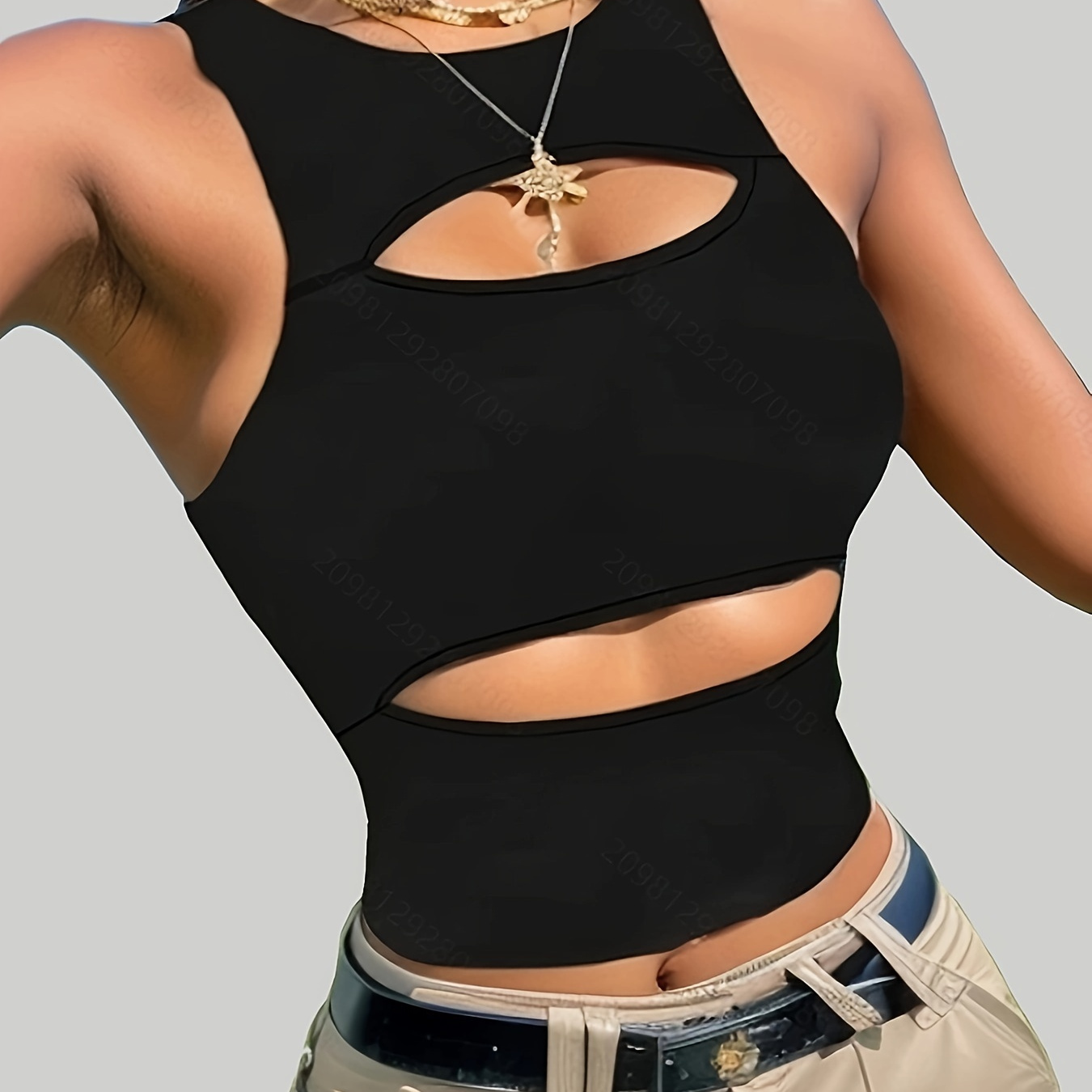 

Solid Color Cut Out Tank Top, Casual Crew Neck Tank Top For Summer, Women's Clothing