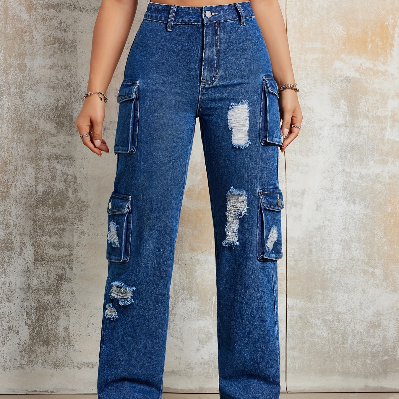 

Ripped Plain Flap Pocket Straight Leg Jeans, Versatile High Rise Ripped Cargo Denim Pants, Women's Denim Jeans & Clothing