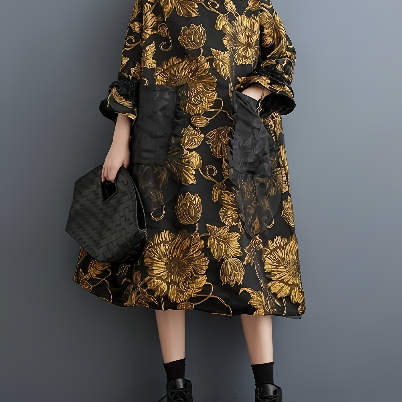 

Elegant Floral Print Long Sleeve Dress For Women, Polyester , High Neckline, Pockets, Spring/summer/autumn Fashion, Embroidery