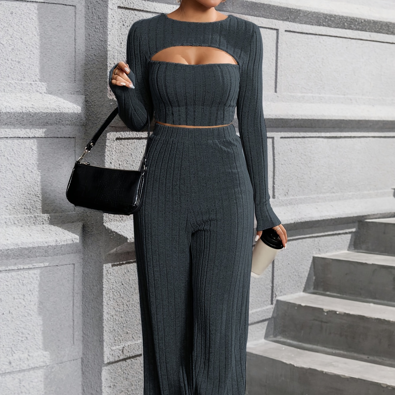 

Women's Casual Crew Neck Long Sleeve Hollow Front Cutout Knit Pantsuit Set Polyester Solid Color For Spring/fall