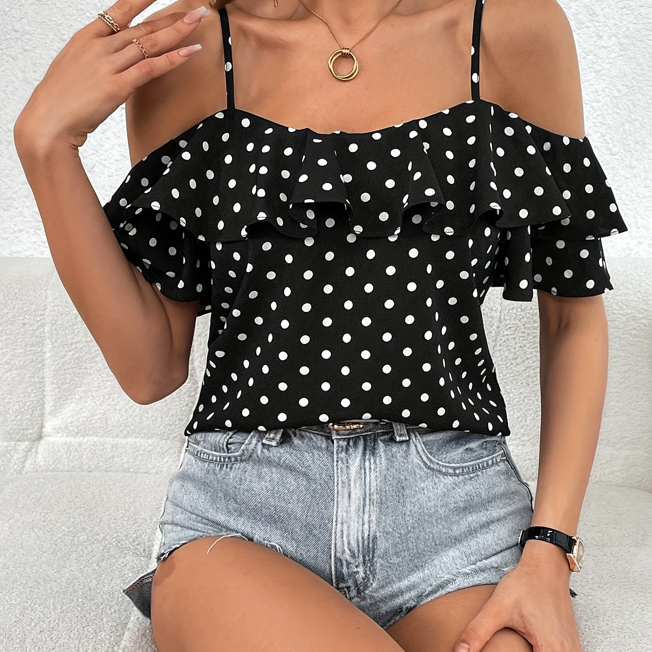 

Polka-dot Print Cold Shoulder Blouse, Casual Short Sleeve Ruffle Trim Top For Spring & Summer, Women's Clothing