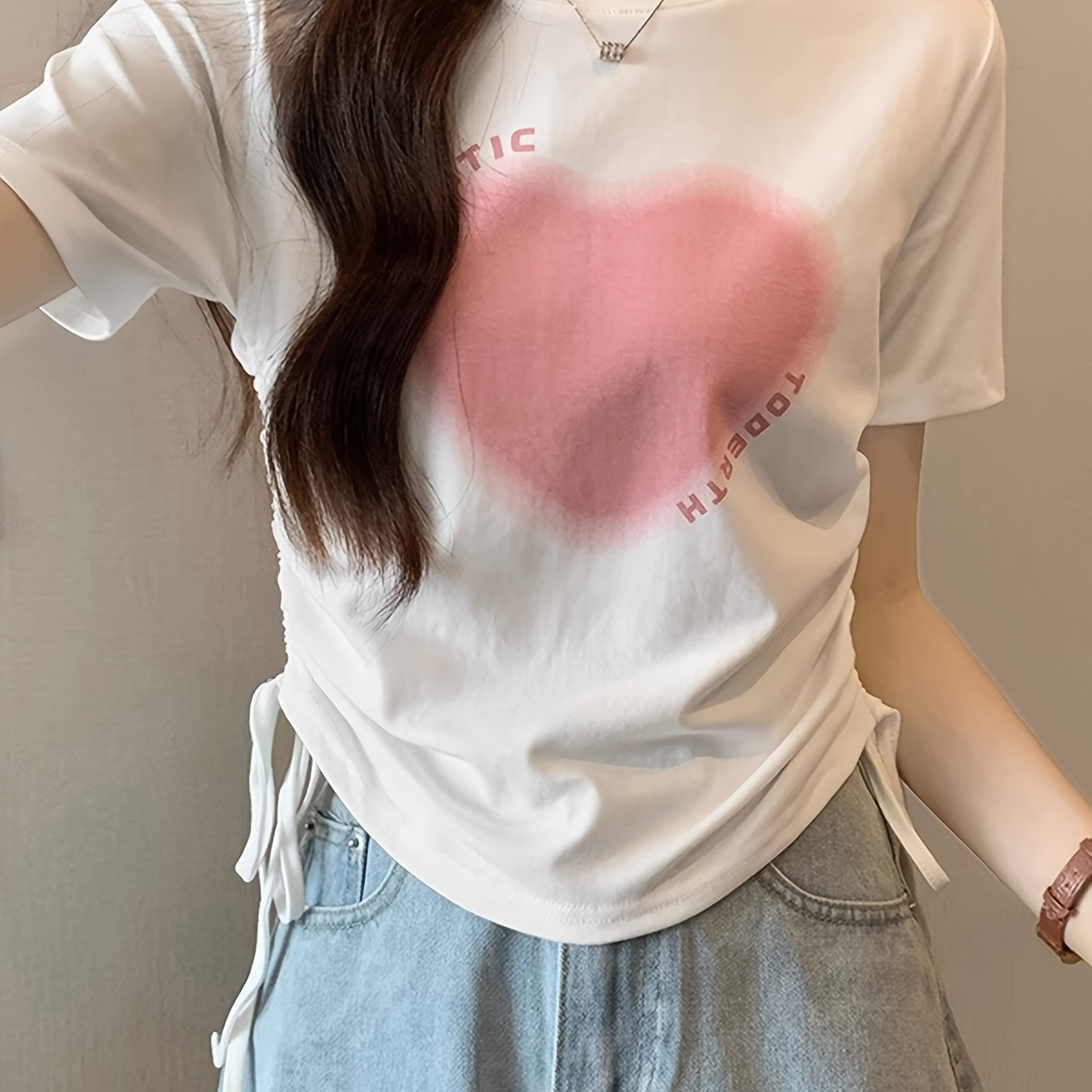 

Heart Print Crew Neck T-shirt, Casual Drawstring Short Sleeve T-shirt For Spring & Summer, Women's Clothing