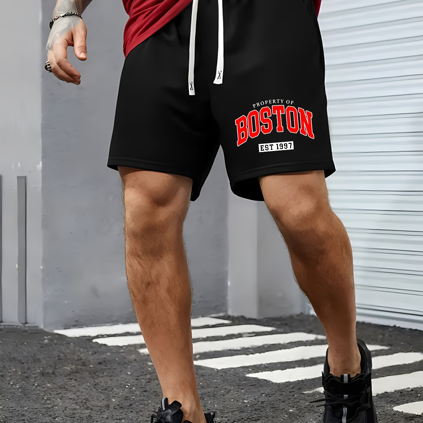 

Men's Letter Print "boston" Sports Shorts With Drawstring And Pockets, Chic And Trendy Shorts Suitable For Summer Street And Sports Wear