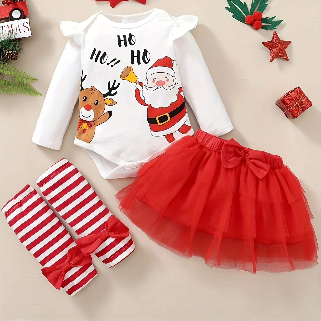 

[top-] Adorable 4pcs Christmas Outfit For - & Letter , Tulle Skirt Bow, Matching Headband & Set, For