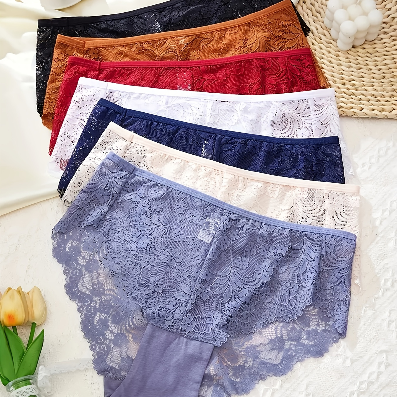 

7- Size Women's Elegant Sexy Lace Panties, Comfortable High Solid Color Briefs, Polyamide 90% Elastane 10%, Knit Fabric, 100gsm, Lace Detail