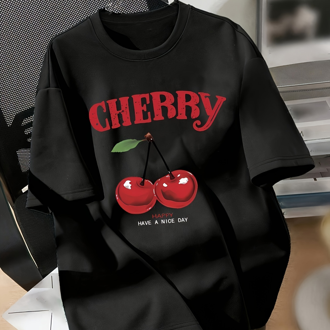 

Cherry Print Crew Neck T-shirt, Short Sleeve Casual Top For Summer & Spring, Women's Clothing