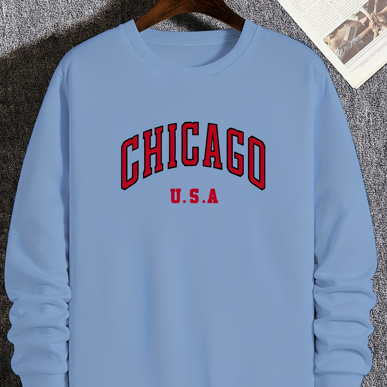 Men's Plus Size Pullover, Comfy Long Sleeve Sweatshirt With "CHICAGO" Print, Fashion & Comfortable