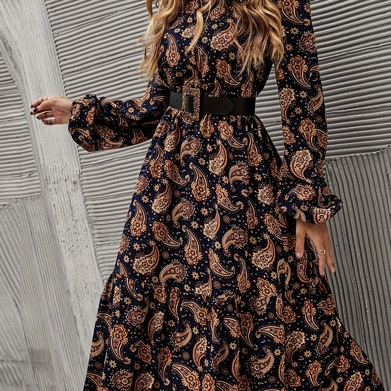 

Paisley Print V-neck Vacation Dress, Elegant Long Sleeve A-line Ankle Length Flowy Dress For Spring & Fall, Women's Clothing