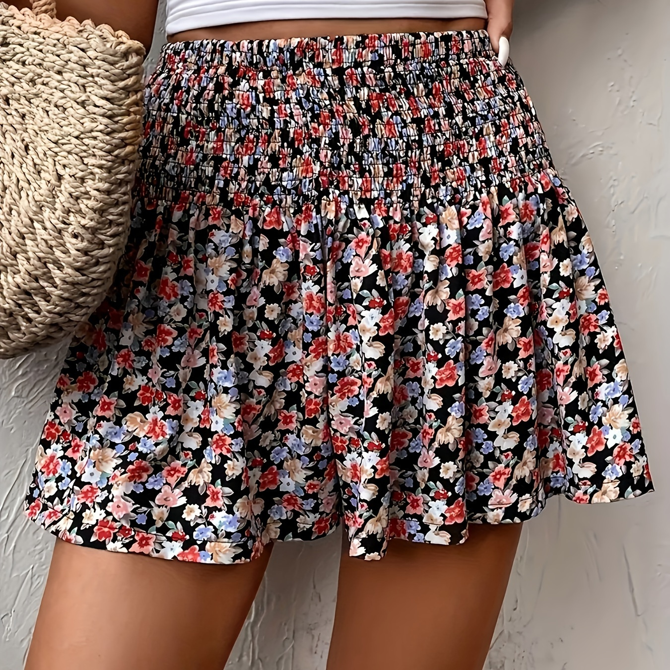 

Floral Print Shirred Waist Shorts, Vacation Style Loose Shorts For Spring & Summer, Women's Clothing