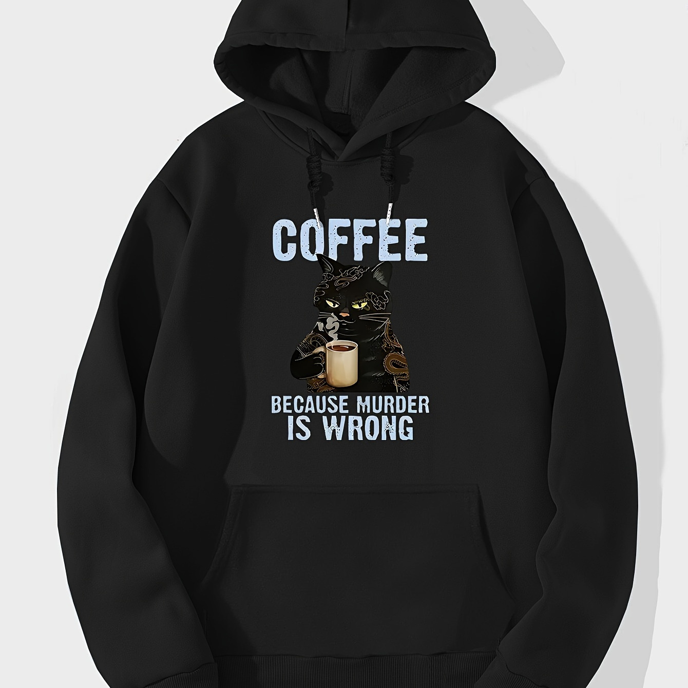 

Coffee Because Murder Is Wrong Print, Men's Stylish & Trendy & Cozy Long Sleeve Hoodie, Versatile Pullover Hooded Sweatshirt With Kangaroo Pocket For Autumn & Winter Daily Wear