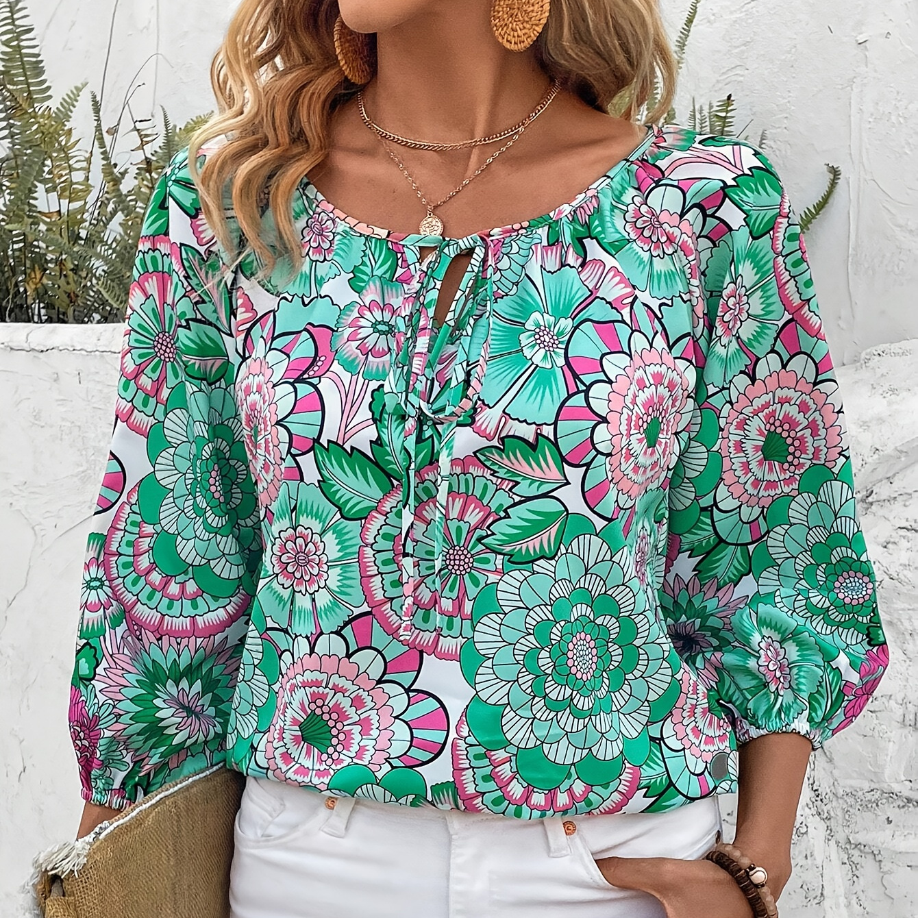 

Allover Print Crew Neck Blouse, Vintage 3/4 Sleeve Blouse For Spring & Fall, Women's Clothing