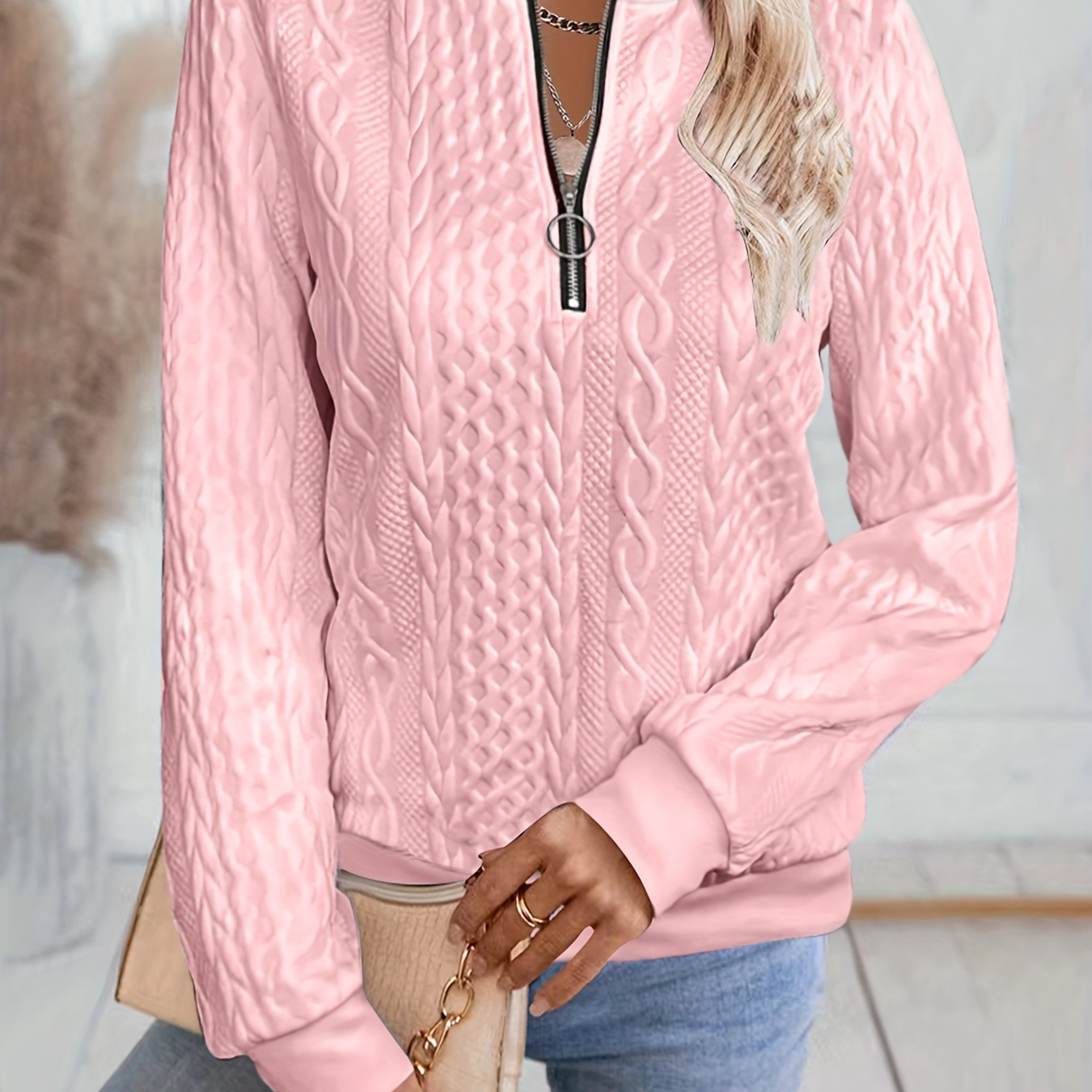 

Textured Pullover Sweatshirt, Long Sweatshirt For Fall & , Women's Clothing