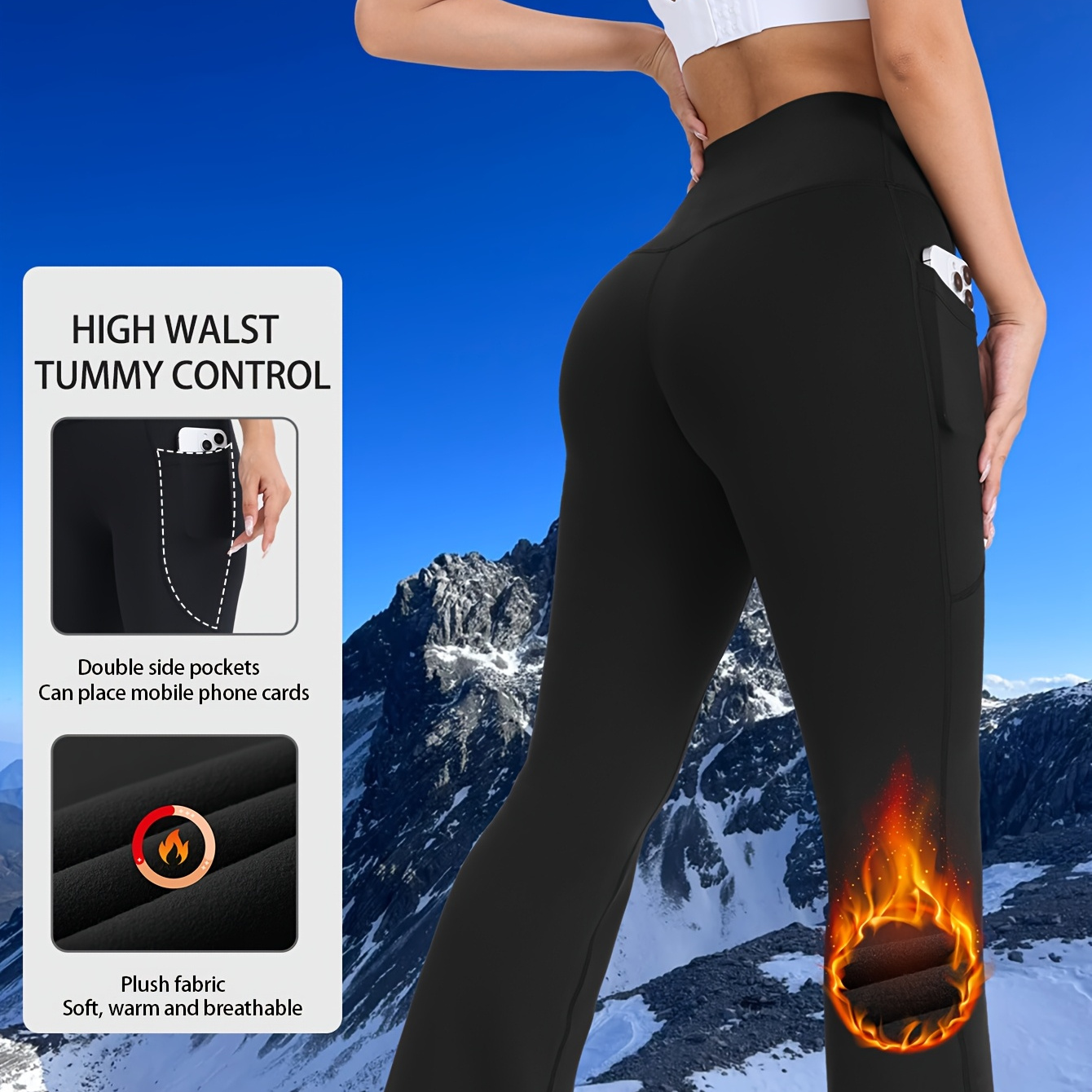 

Women's High Waist Tummy Control Velvet Sports Pants, Long Length Skinny Flare Leg Yoga Trousers With , Polyester 87% Spandex 13%, Stretchy Quick-dry Breathable For Fall/winter Running & Workout