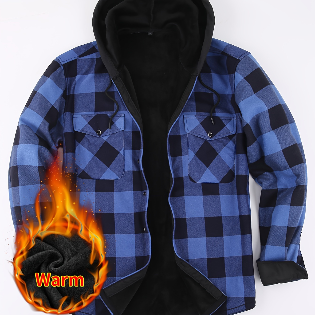 

Plaid Pattern Men's Casual Plus Fleece Thick Warm Hooded Shirt Jacket With Button And Pocket Design, Fall Winter