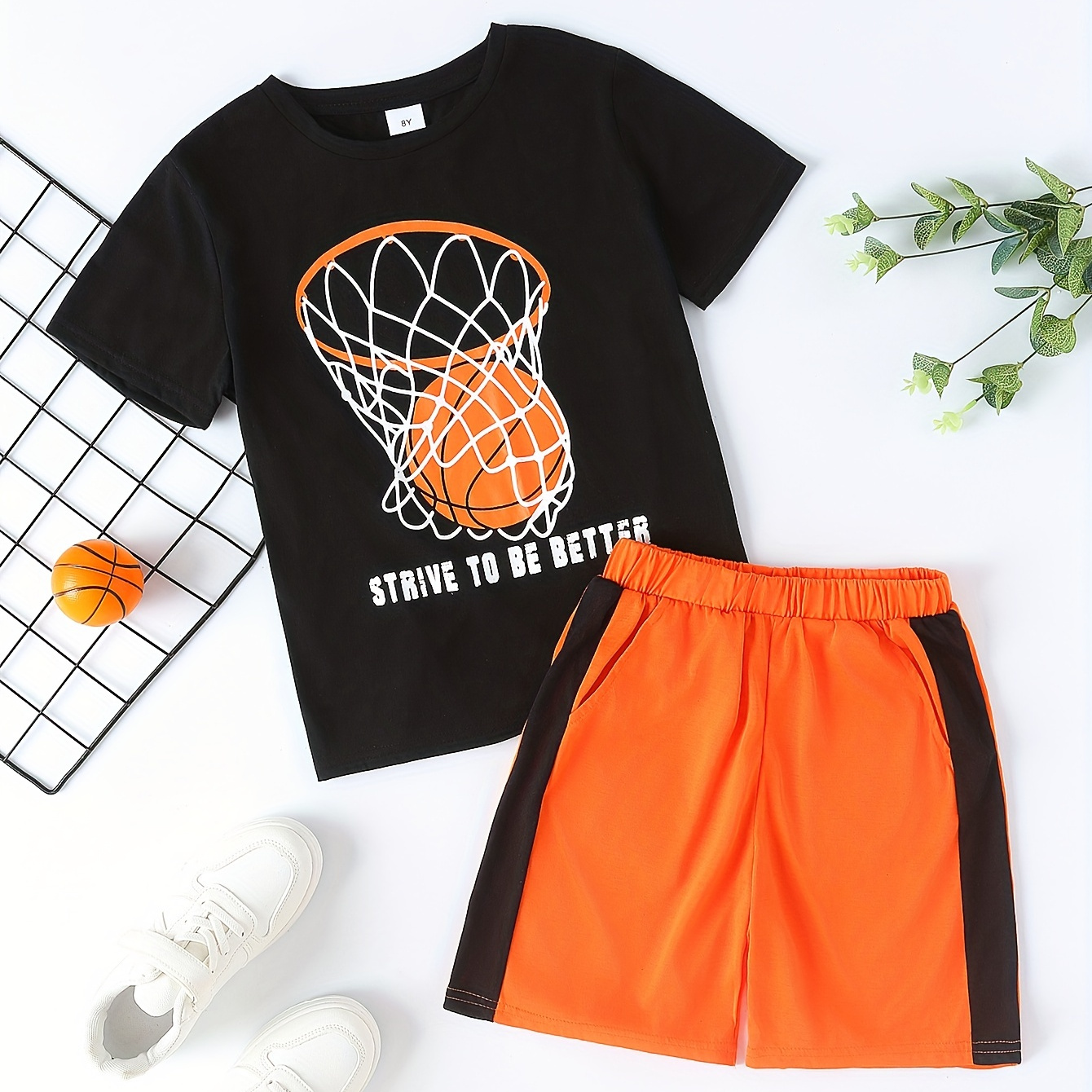 

2pcs Boy's Cartoon Basketball Pattern Outfit, T-shirt & Shorts Set, Strive To Be Better Print Casual Short Sleeve Top, Kid's Clothes For Summer, As Gift