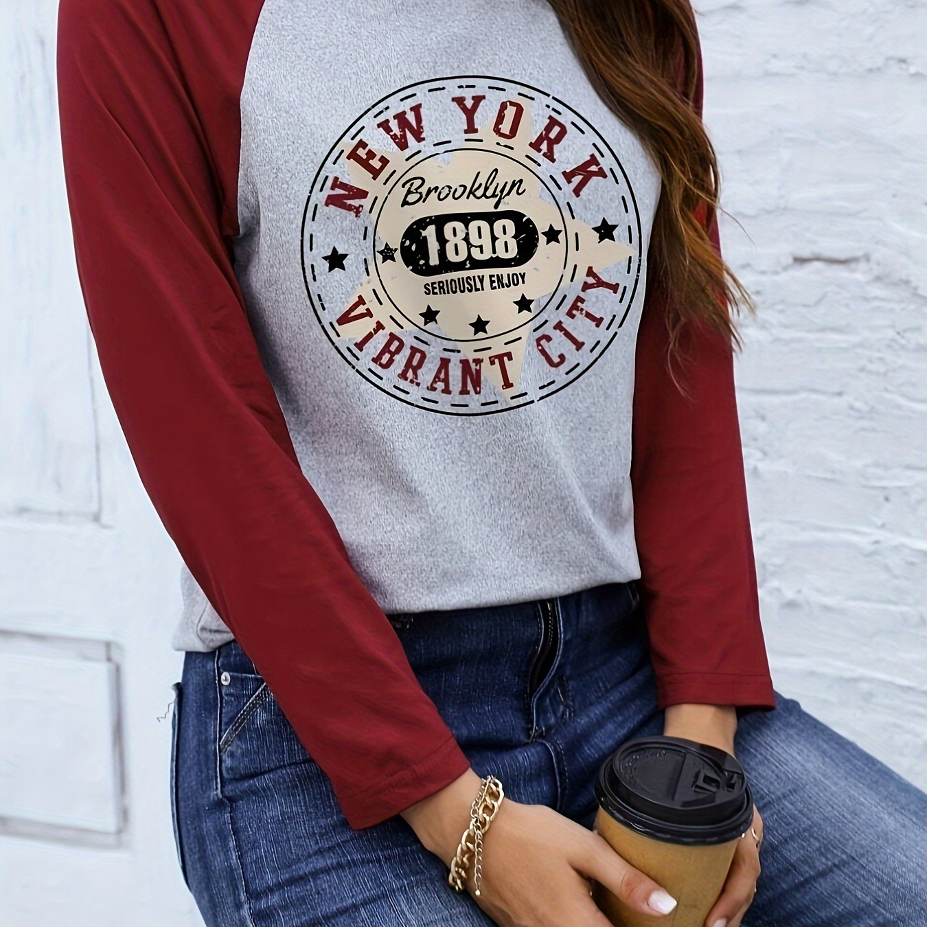 

Letter Neck -shirt, Raglan Long Sleeve Casual Top For Spring & Fall, Women's Clothing