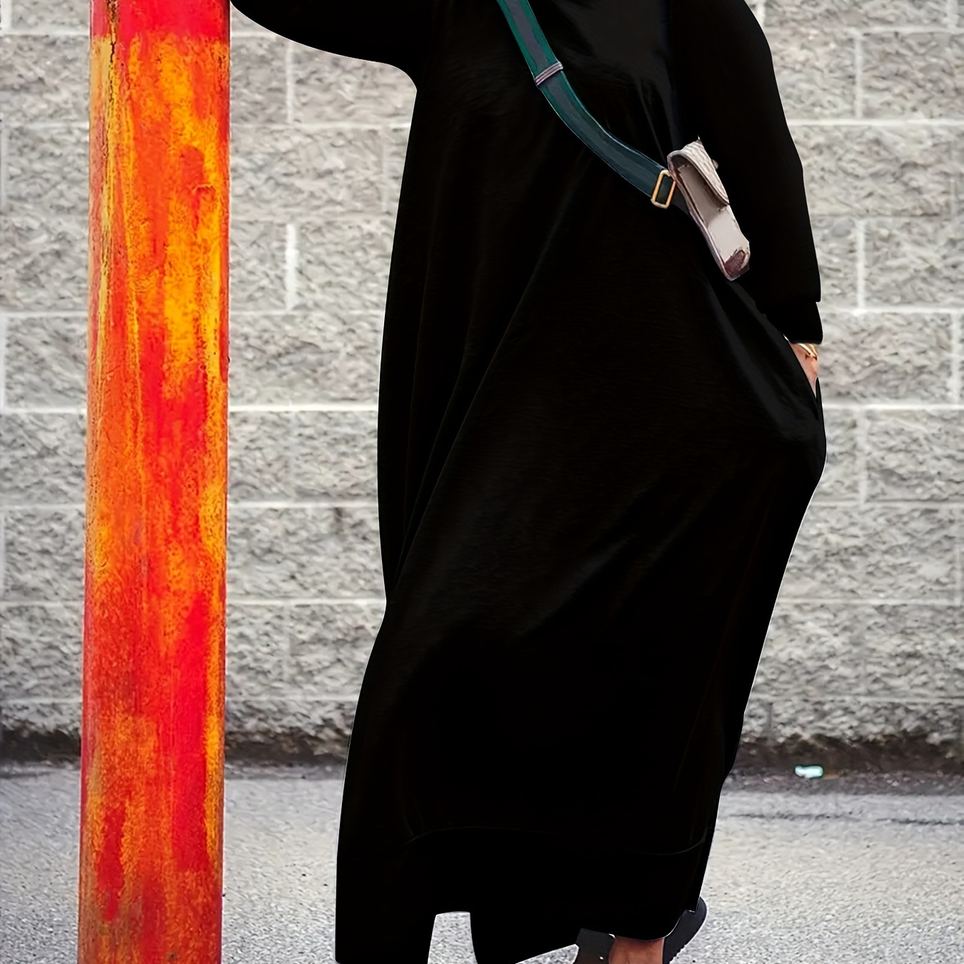 

Elegant Long Sleeve Hooded Dress With Pockets, Solid Color Knit Polyester Spandex , Machine Washable, Beautiful