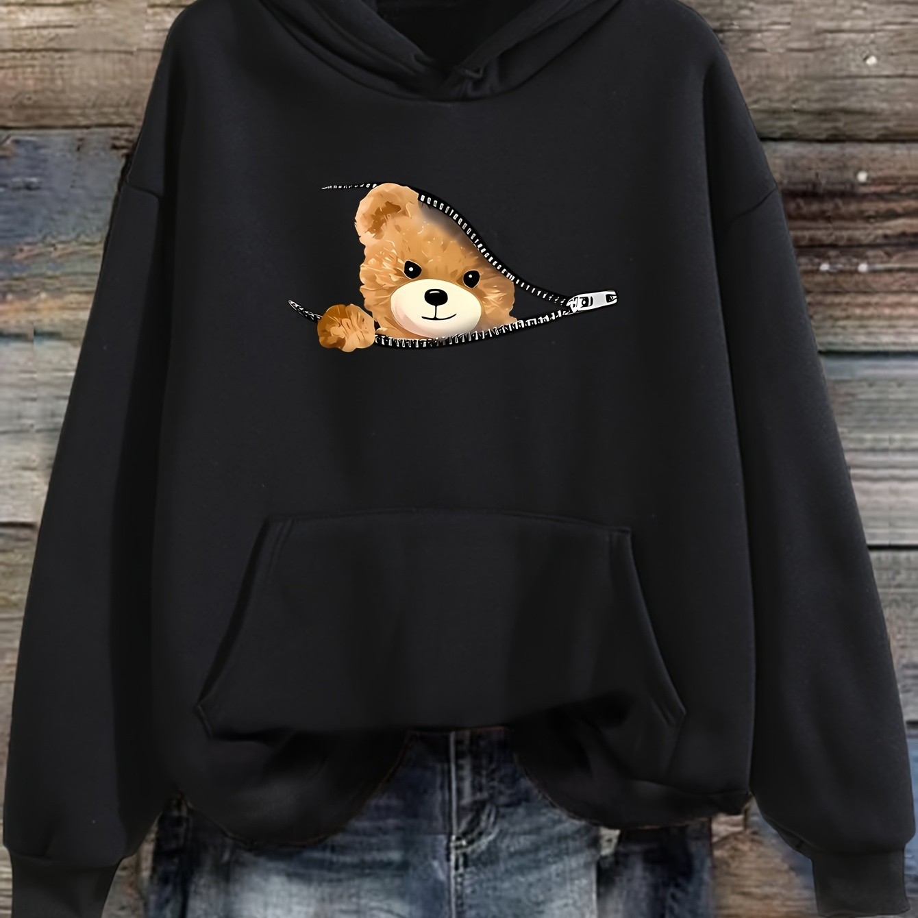 

Sweat à capuche à cordon avec imprimé d' en peluche, sweat-shirt décontracté à manches longues avec poche , vêtements pour femmes