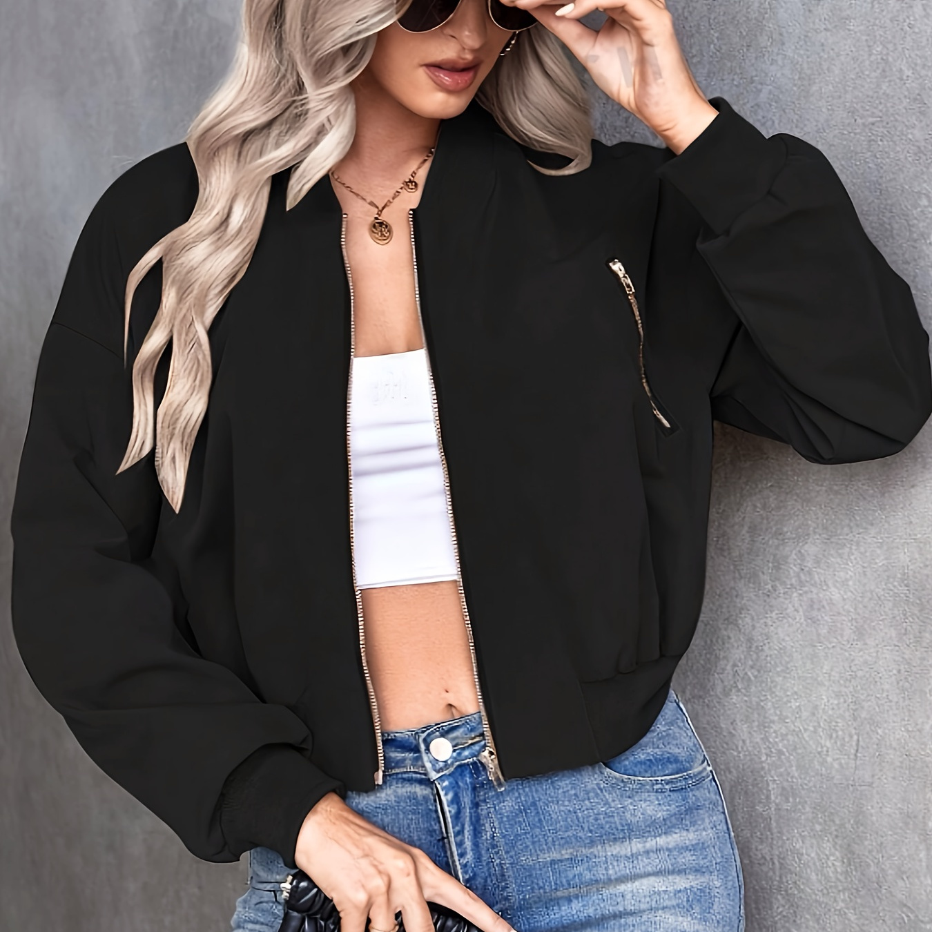 

Solid Color Zipper Front Jackets, Casual Crew Neck Long Sleeve Coat For Spring & Fall, Women's Clothing