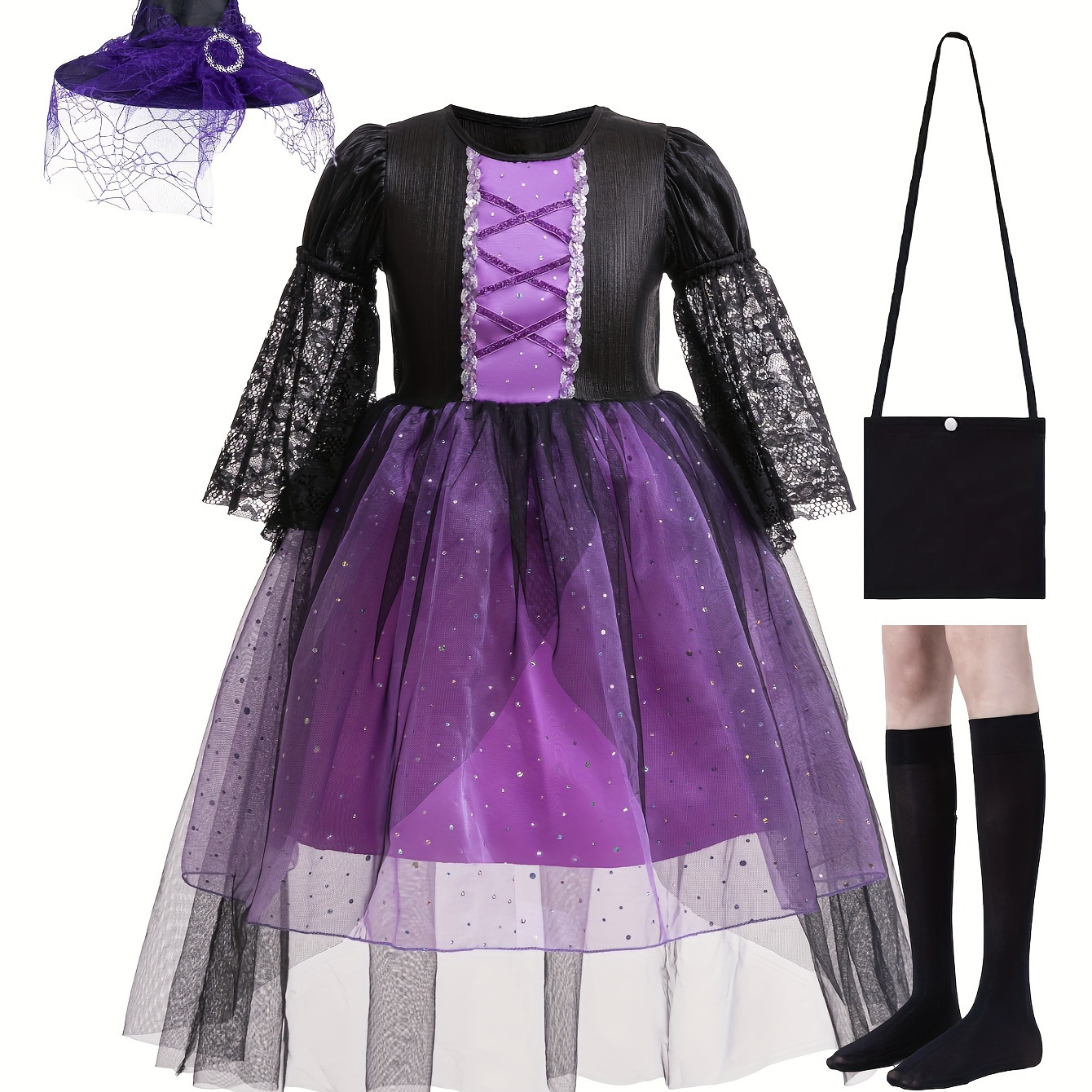 

Girls Fun & Stunning Female Magician Dress Up Outfit, Long Sleeve Lace Spliced Sequin Design Mesh Tutu Dress & Bag & Pointed Hat & Socks For Party, 4pcs