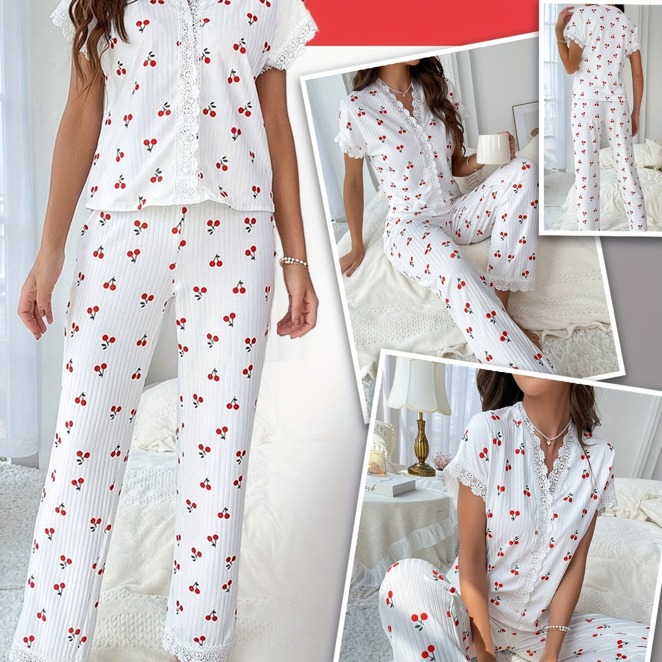 

Women's Cherry Print Ribbed Lace Trim Sweet Pajama Set, Short Sleeve V Neck Top & Pants, Comfortable Relaxed Fit, Summer Nightwear