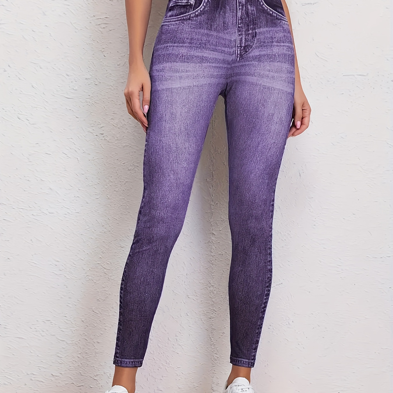 

Pantalon de jeans élastique pour femme, leggings en denim imprimé, couleur unie, tissu polyester tricoté, confort pour toutes les , adulte - détails