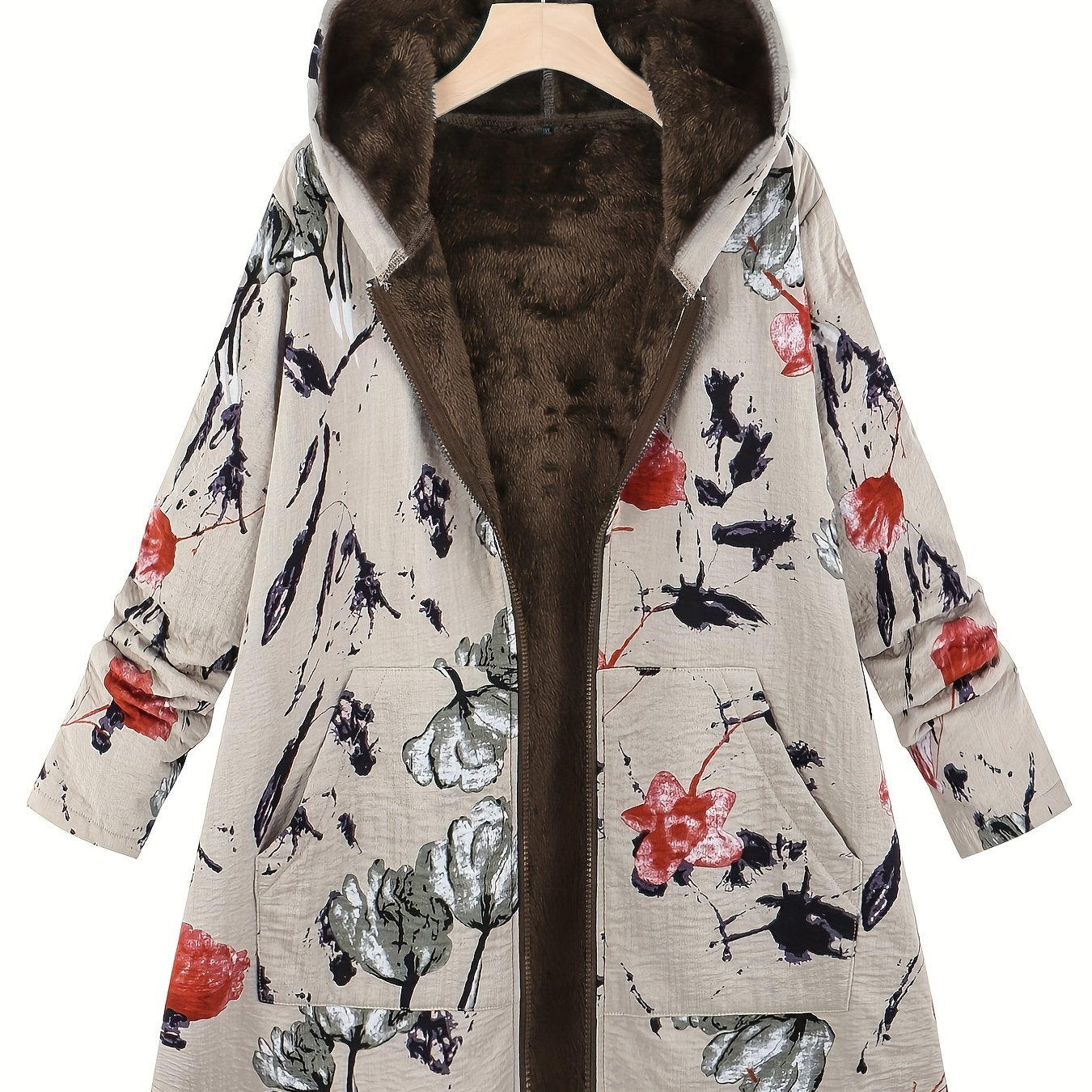 Plus Size Casual Coat, Women's Plus Floral Print Fleece Liner Long Sleeve Zip Up Hooded Coat With Pockets