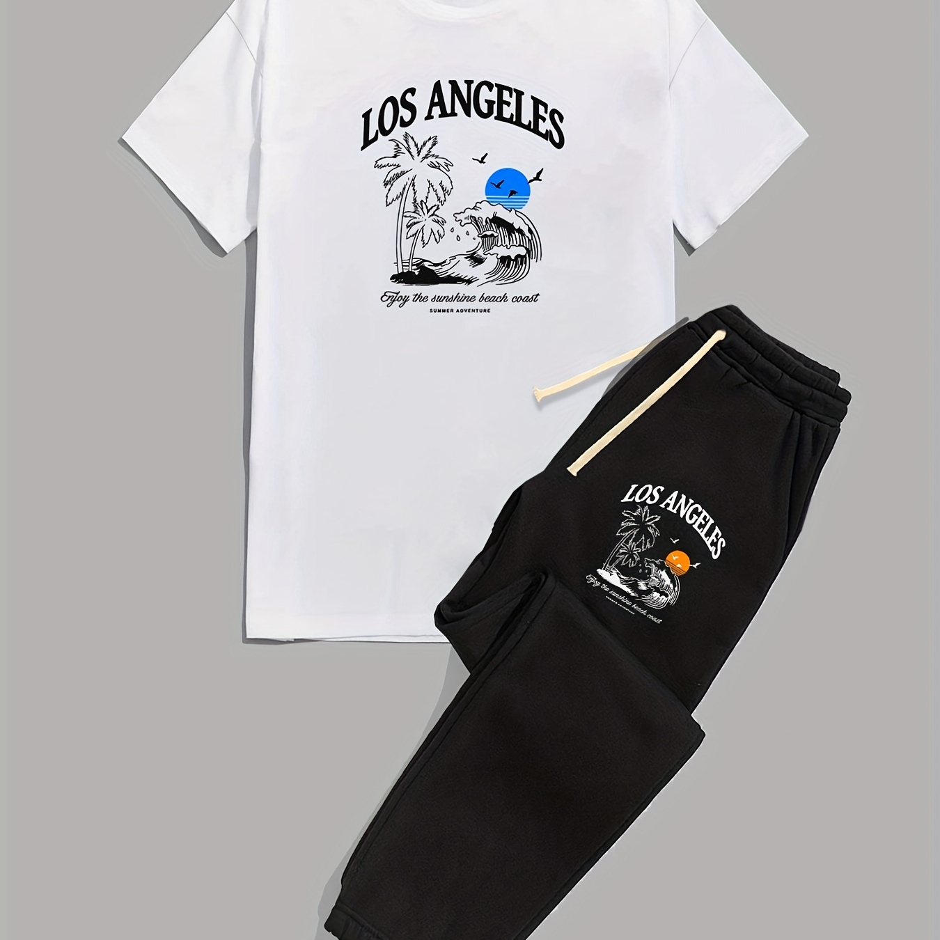 

Men's Casual Trendy "los Angeles" Seaside T-shirt & Drawstrings Sweatpants Set For Summer Holiday Outdoor Sports