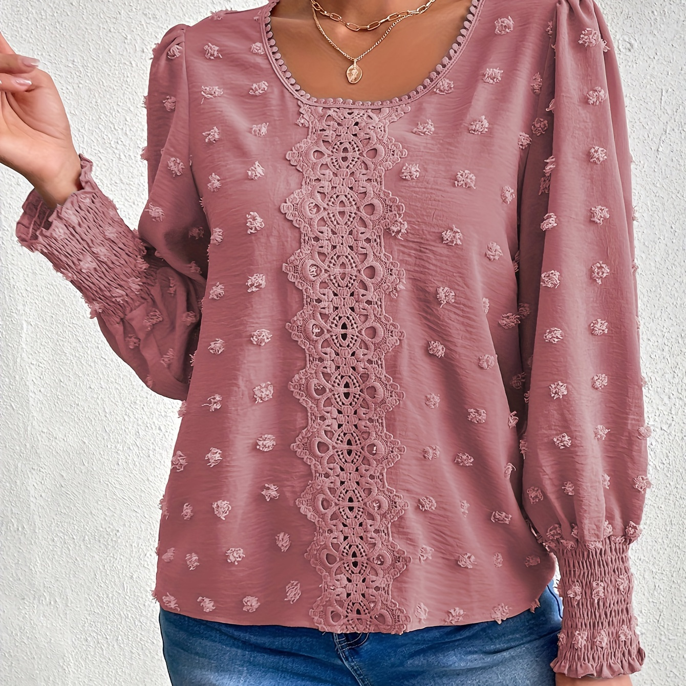 

Swiss Dot Crew Neck Blouse, Elegant Long Sleeve Top For Spring & Fall, Women's Clothing