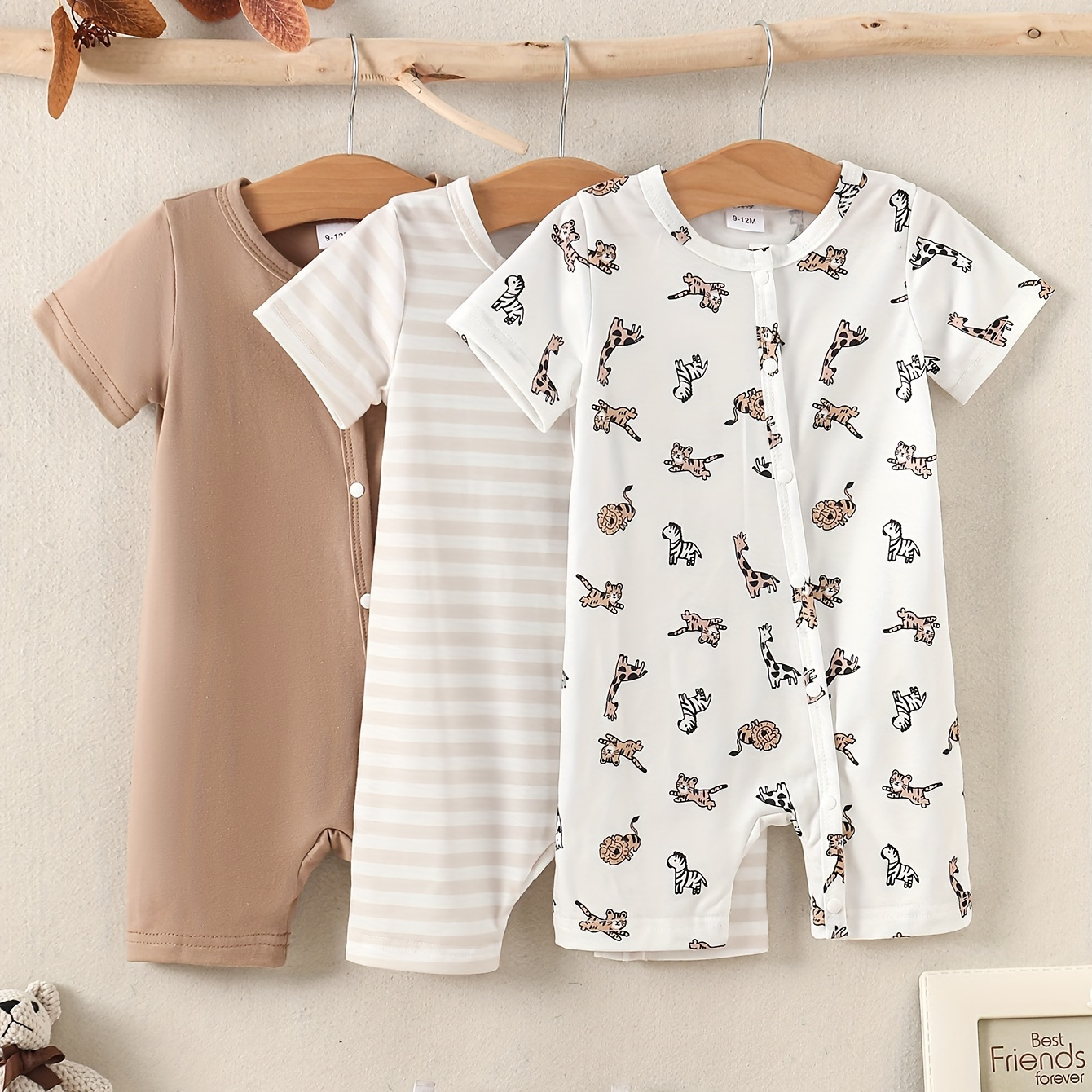 

3pcs Infant's Solid Color/stripe/animal Print Cotton Bodysuit, Comfy Button Front Short Sleeve Onesie, Baby Boy's Clothing