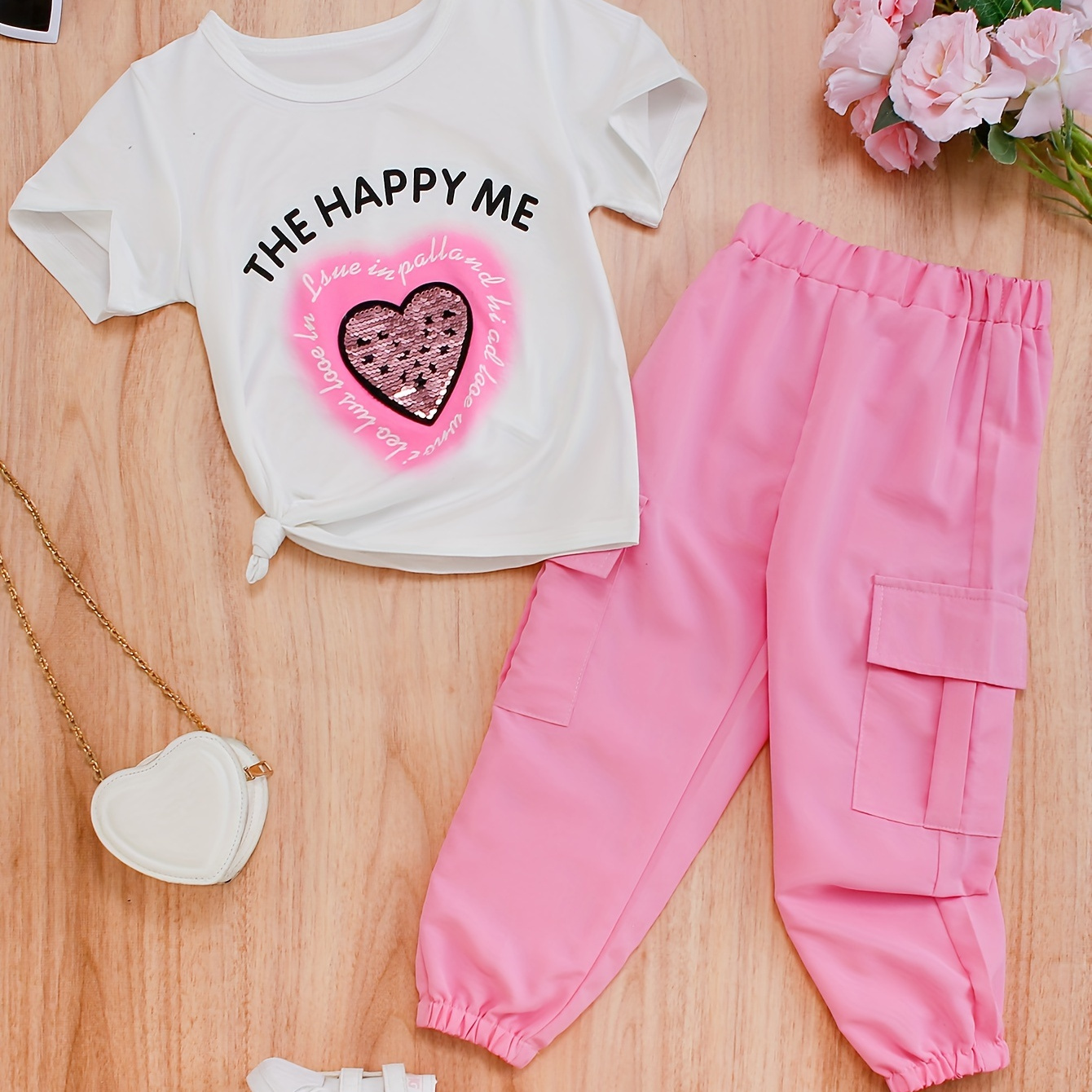 

Girls 2pcs/set Letters & Sequin Heart Print Tee & Solid Colored Cargo Pants With Flap Pockets For Spring & Summer, Girls Casual & Comfy Clothes