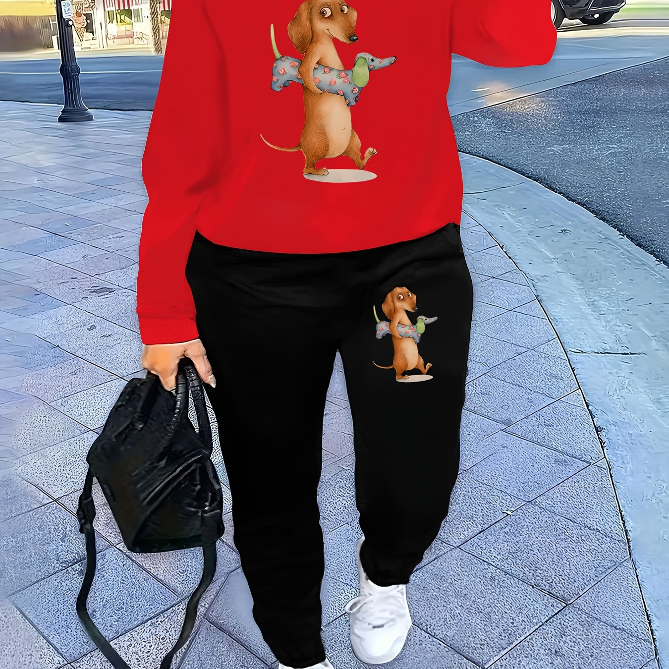 

Women's Cozy Cartoon Dachshund Print Sweatshirt & Joggers Set - Casual Crew Neck, Long Sleeve, Machine Washable - Perfect For Fall/winter