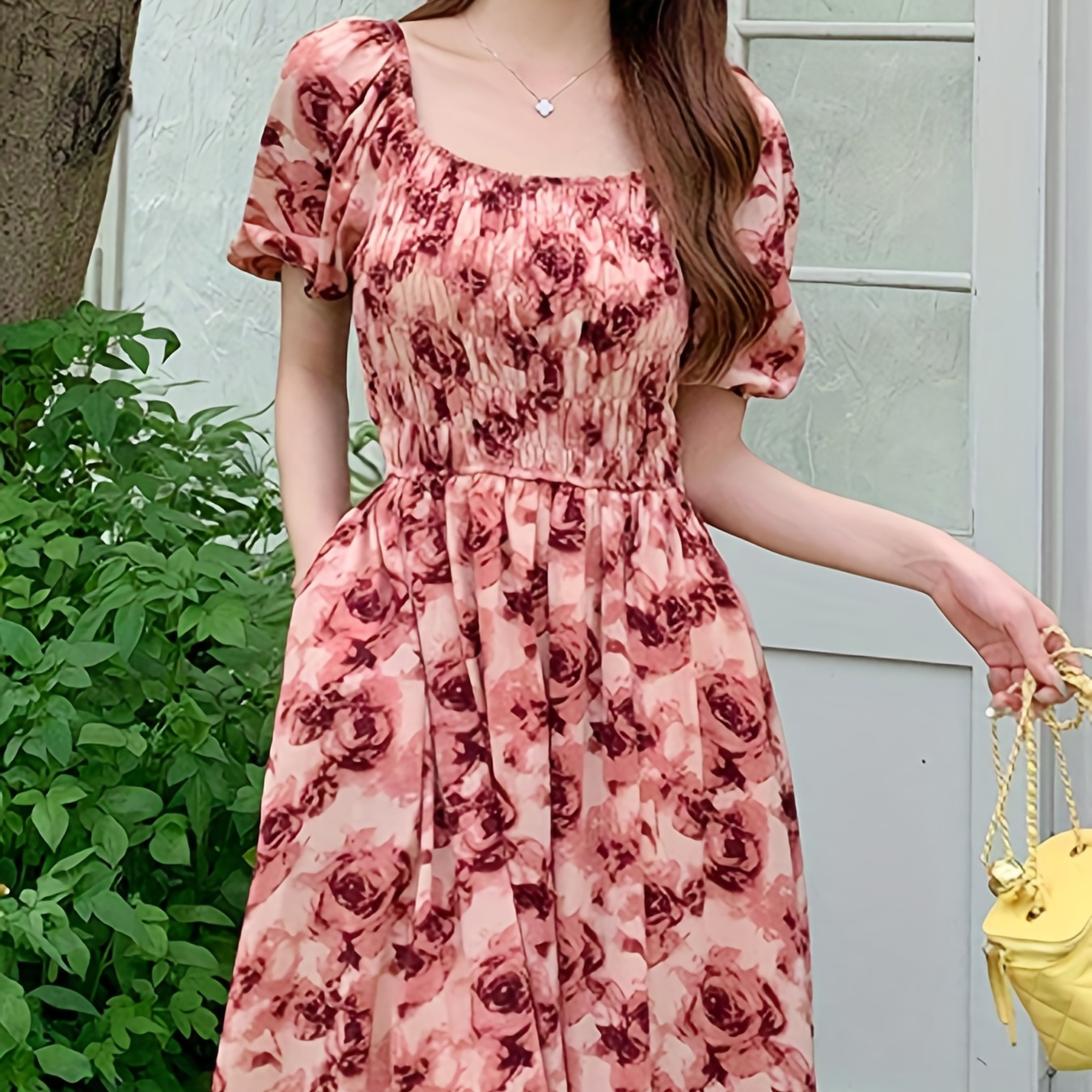 Floral Print 3/4 Sleeve Dress, Elegant Crew Neck Midi Dress, Women's ...