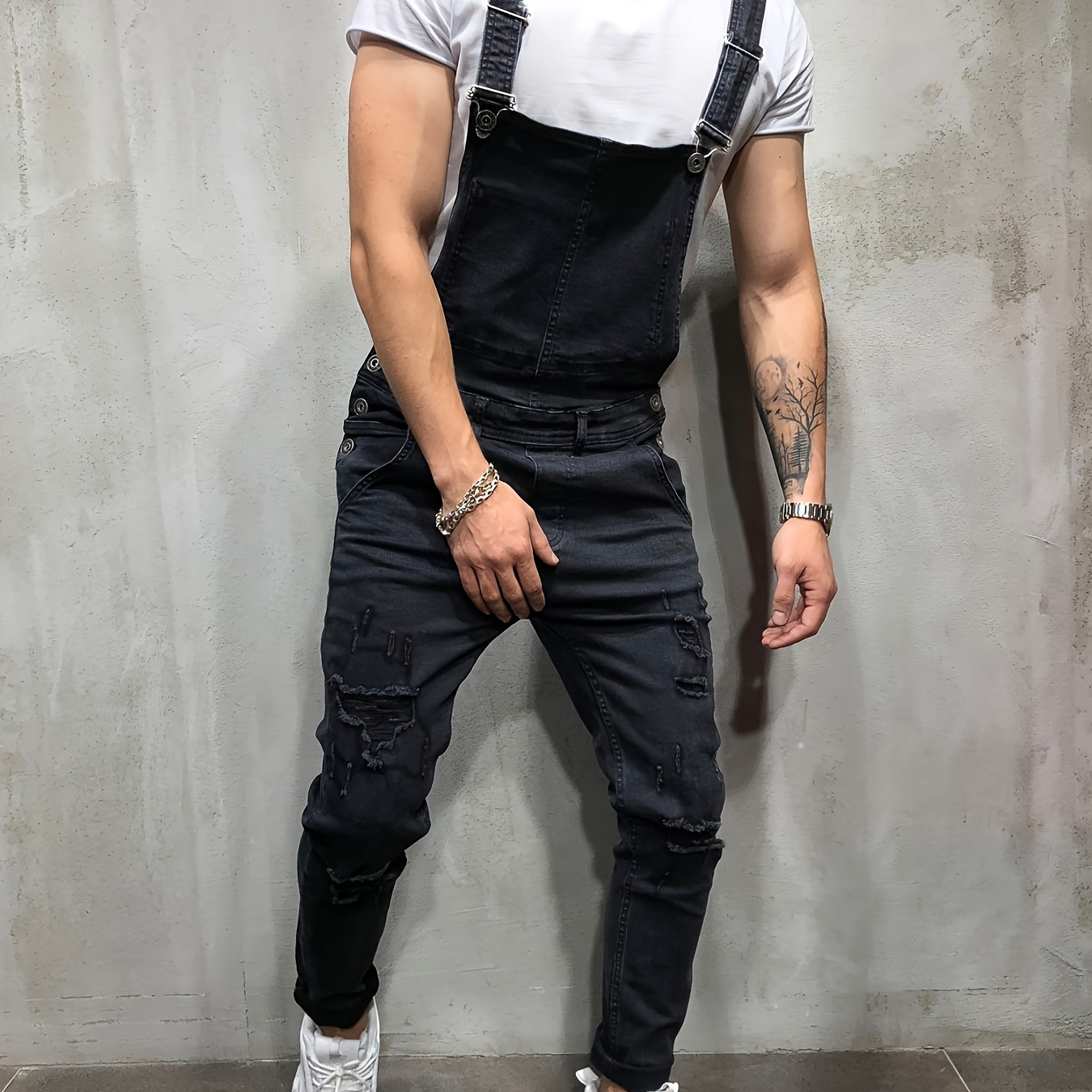 

Men's Trendy Ripped Slim Fit Fashion Denim Suspender Bib Overalls, Men's Fashion Cargo Jumpsuit With Pockets For Outdoor