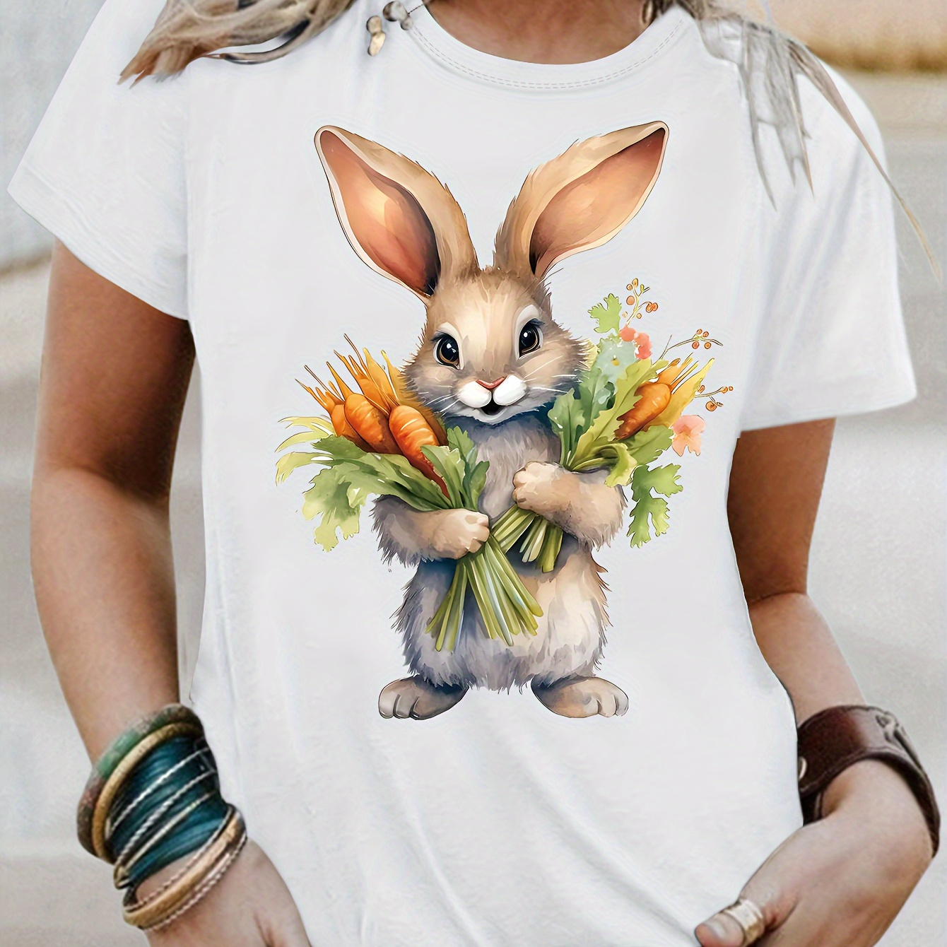 

Cute Rabbit Print T-shirt, Short Sleeve Crew Neck Casual Top For Summer & Spring, Women's Clothing