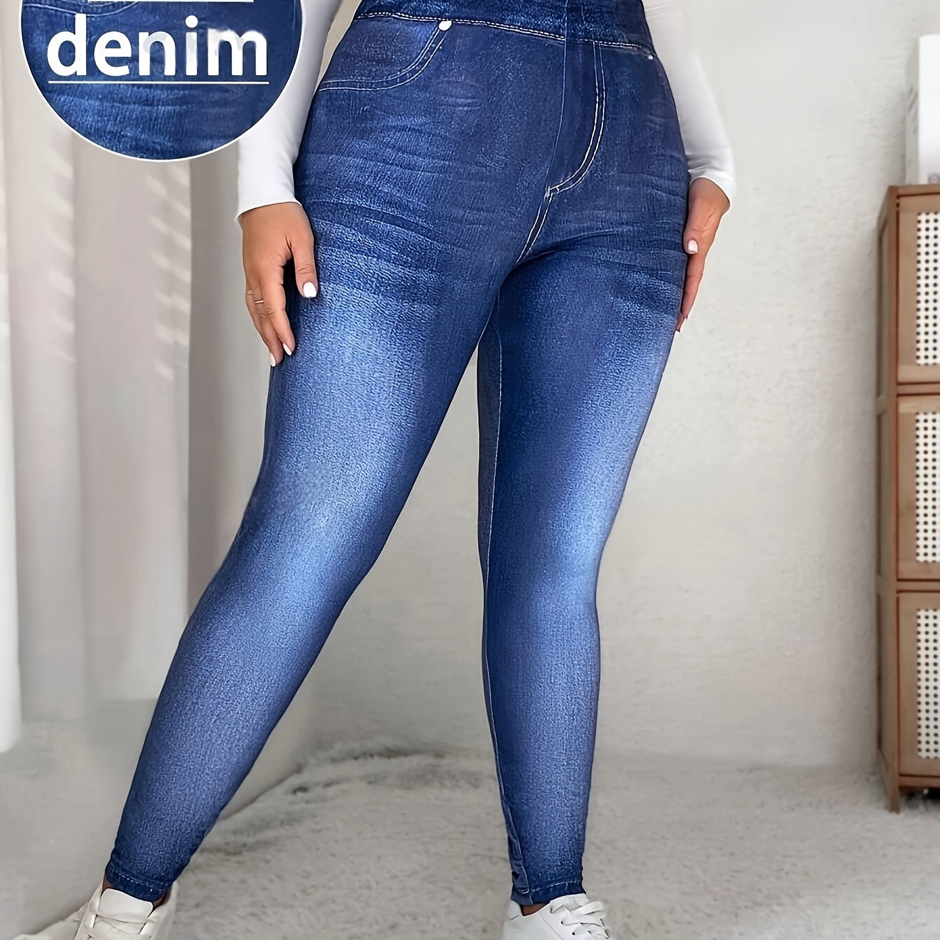 

Plus Size High Waist Skinny Denim Leggings, Casual Stretch Denim Look, Solid Color, Polyester Knit Fabric, For