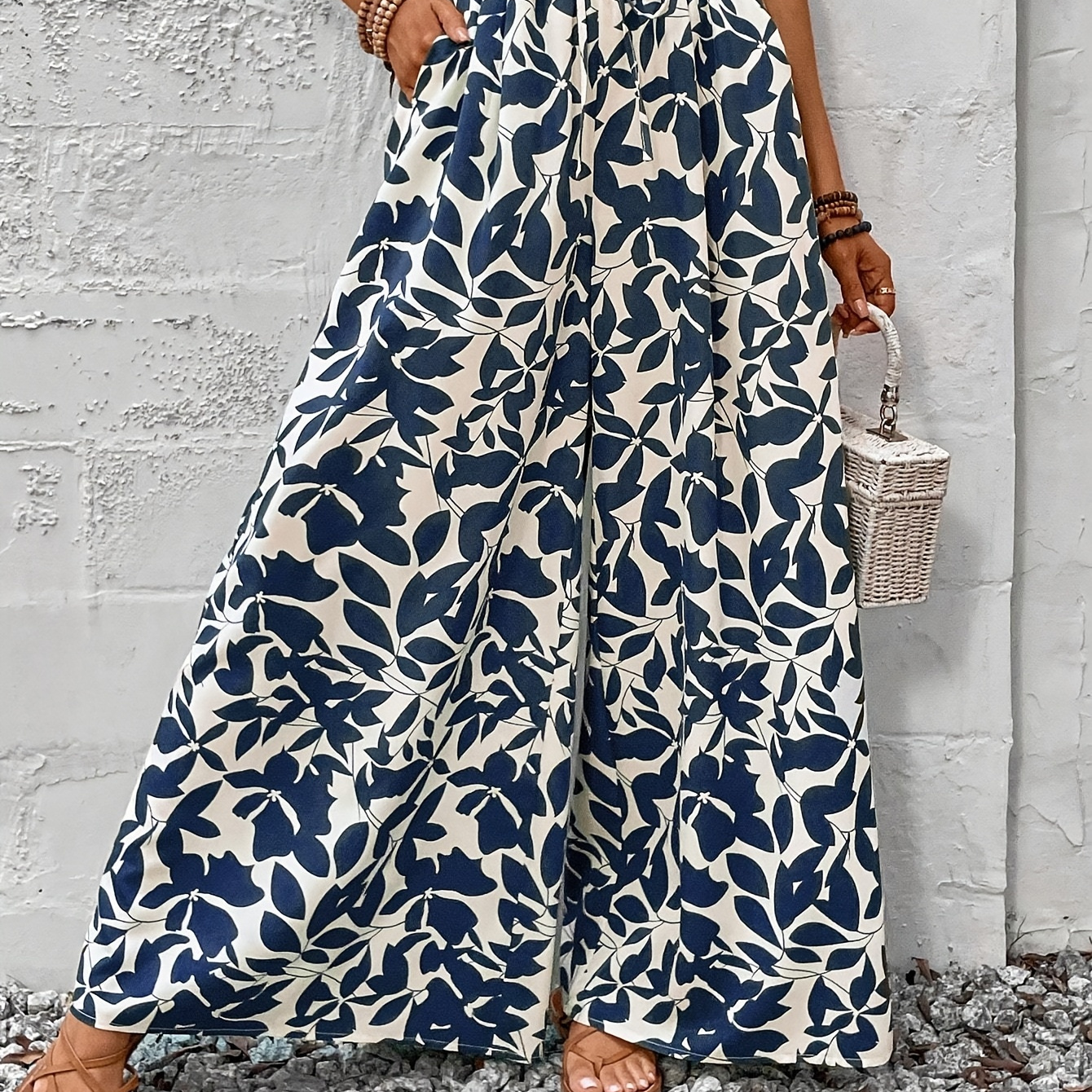 Romantic Women'S Lace-Up Waist Wide-Leg Plant Print Loose Ruffled Casual Trousers, Bohemian Vacation Summer