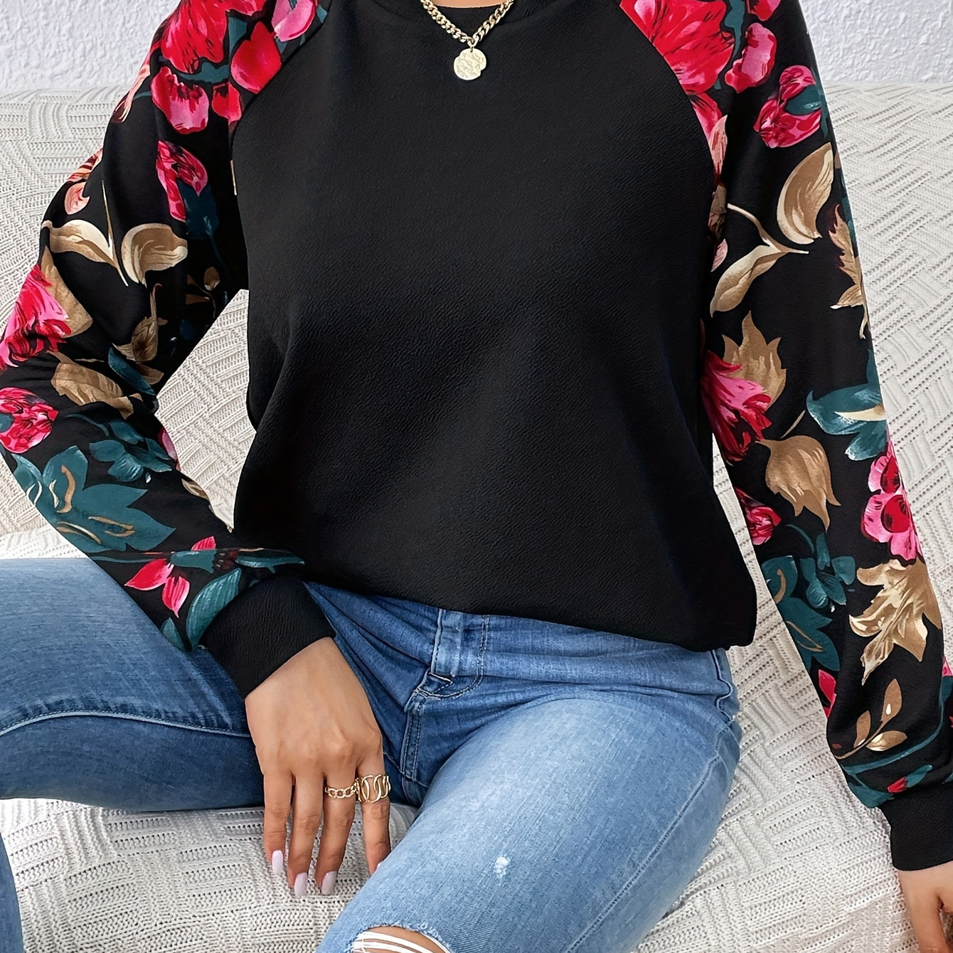 

Floral Print Crew Neck T-shirt, Elegant Raglan Sleeve T-shirt For Spring & Fall, Women's Clothing