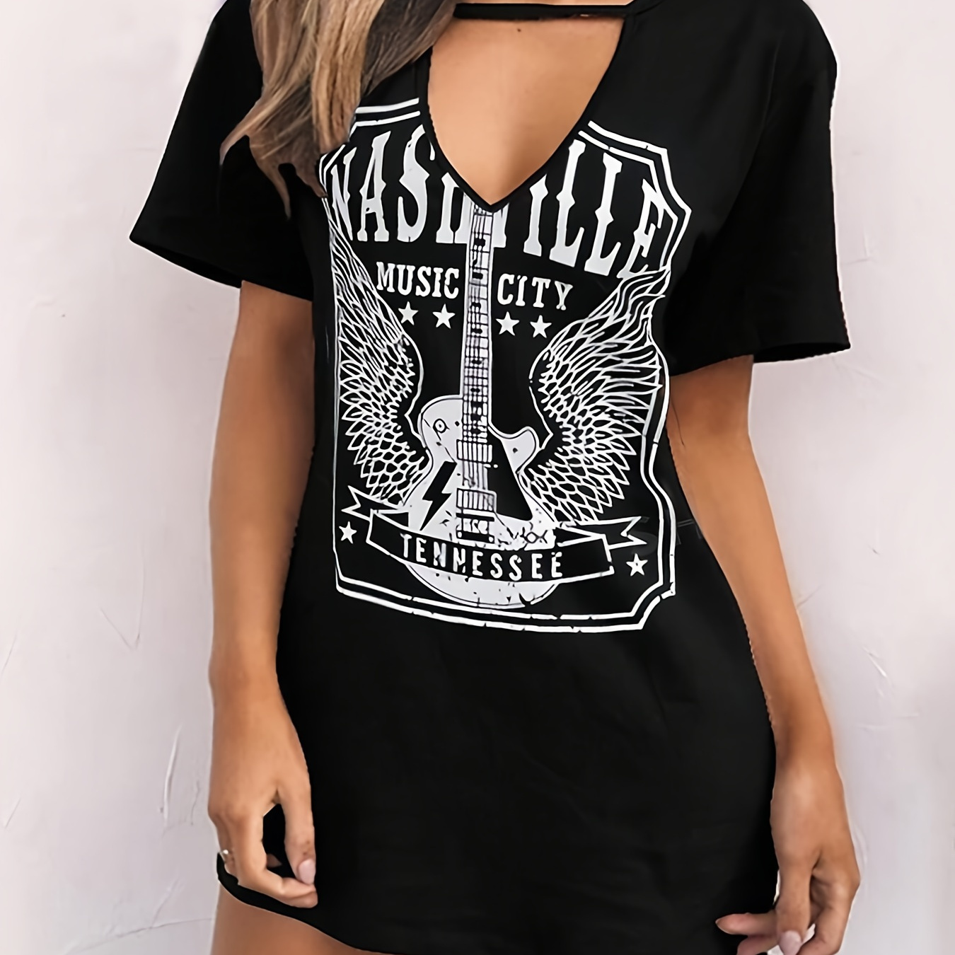

Guitar Print Cut Out Dress, Casual Short Sleeve Dress For Spring & Summer, Women's Clothing