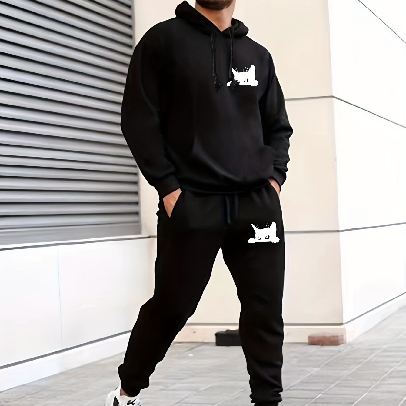 

Cute Cat Print, Men's 2pcs Outfits, Casual Hoodies Long Sleeve Pullover Hooded Sweatshirt And Sweatpants Joggers Set For Spring Fall, Men's Clothing