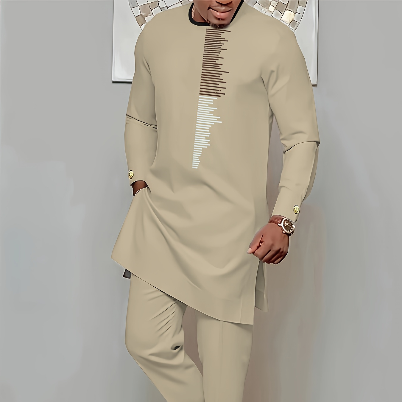 

Men's Casual Long Sleeve Two-piece Set, Medium-long Top And Pants