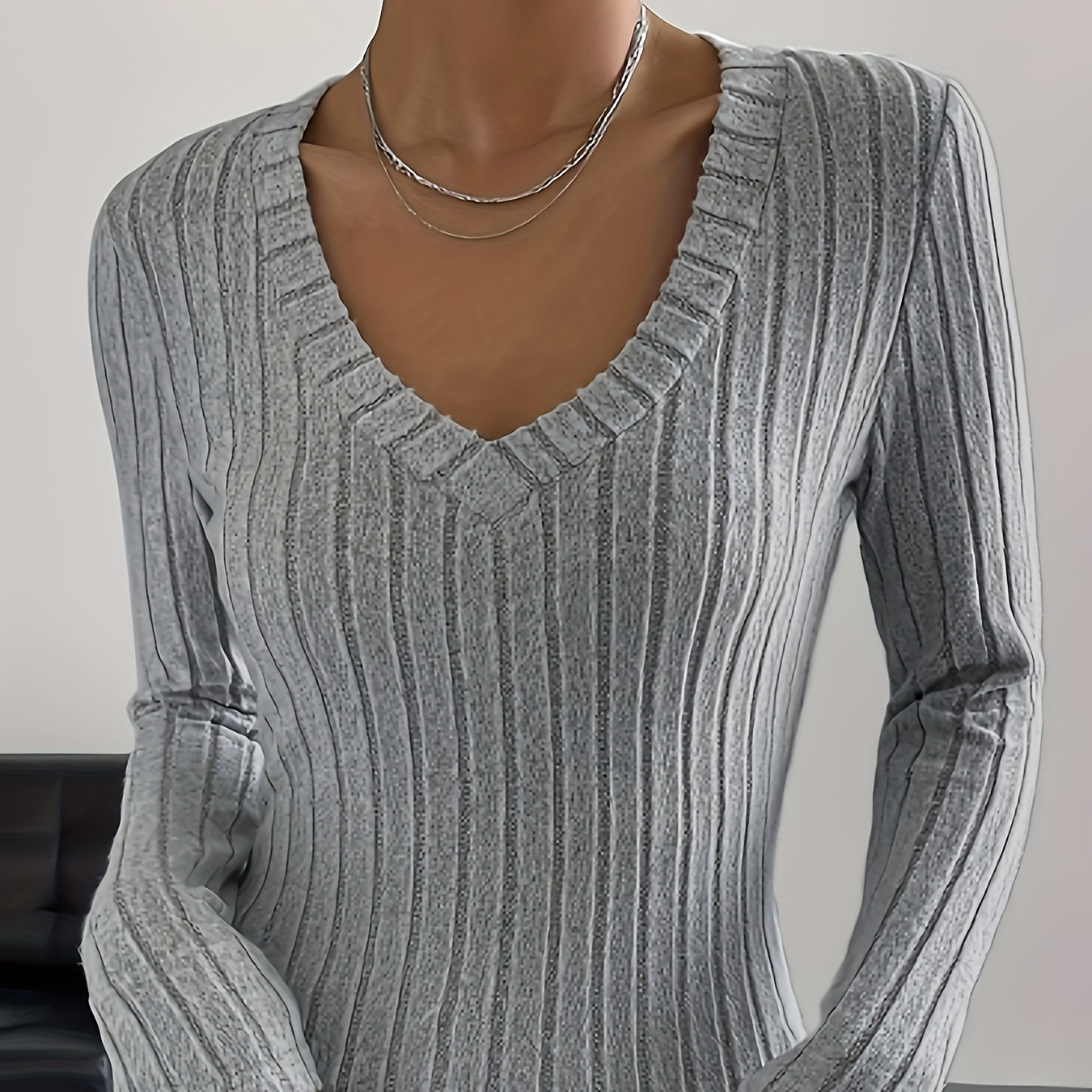 

Elegant Women's V-neck Long Sleeve T-shirt - Chic Solid Color Ribbed Knit Top, Polyester, Machine Washable For Fall & Winter, Plus Size Blouses