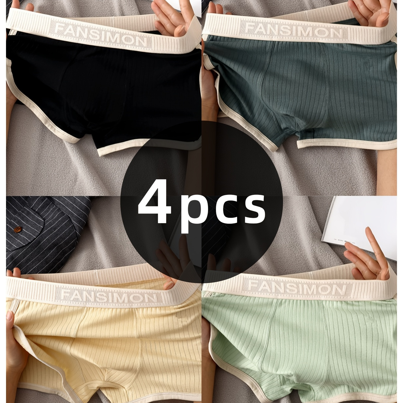 

Set Of 4 Men's Boxer Shorts, Vintage Style, Comfortable And Breathable, Trendy Youth Underwear.