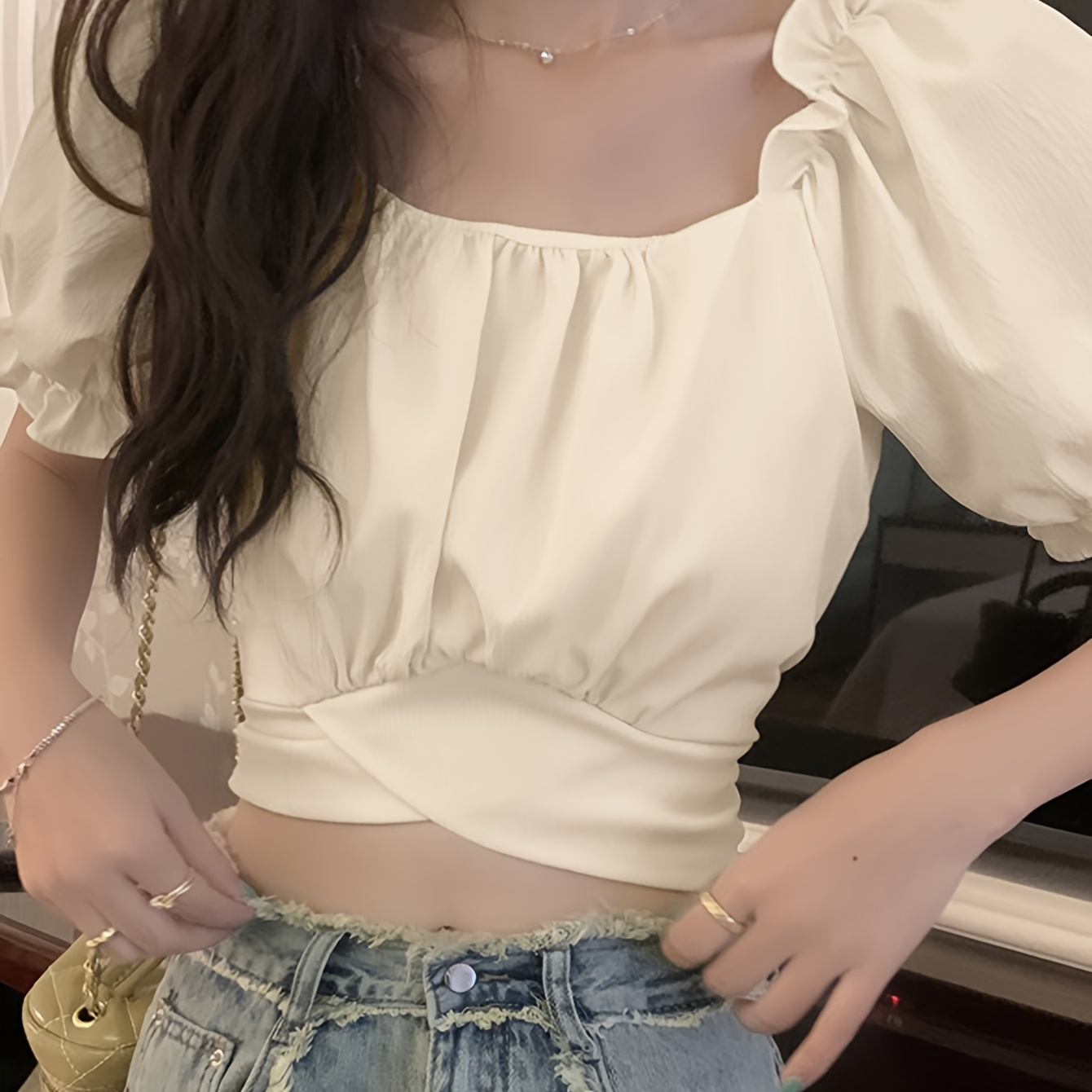 

Solid Puff Short Sleeve Waist Blouse, Chic Square Neck Frill Trim Crisscross Front Crop Blouse, Women's Clothing